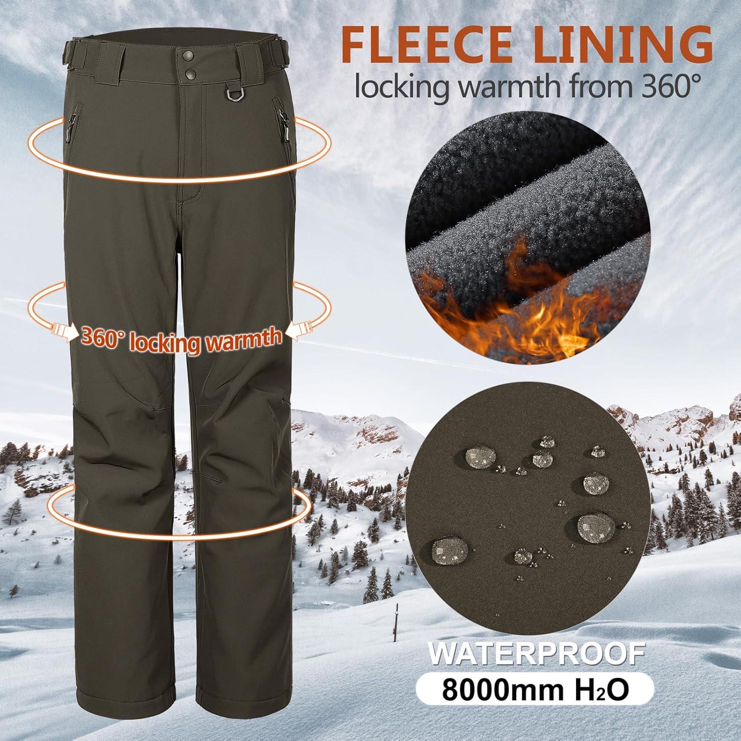 Outdoor Ventures Men’s Lite Waterproof Windproof Fleece Lined Warm Hiking Ski Snow Pants Expandable-Waist(Dark Amy Green)