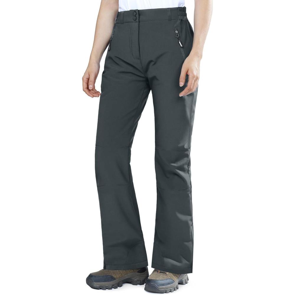 Outdoor Ventures Fleece Lined Waterproof Pants Women Ski Snow Insulated Softshell Snowboard Hiking with Boot Cut(New Dim Grey – Elastic Waistband)