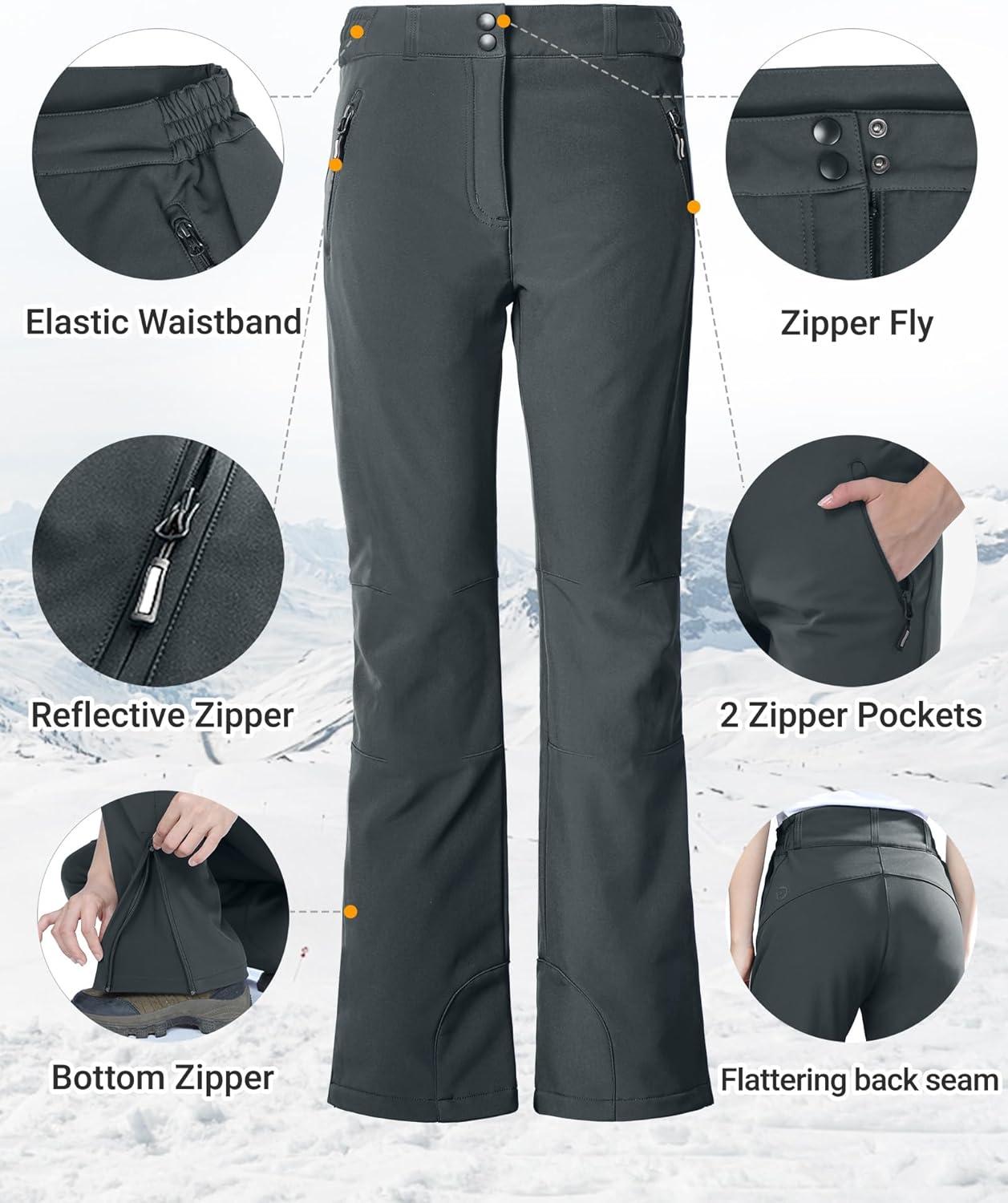Outdoor Ventures Fleece Lined Waterproof Pants Women Ski Snow Insulated Softshell Snowboard Hiking with Boot Cut(New Dim Grey – Elastic Waistband)
