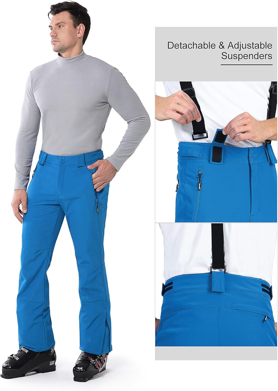Outdoor Ventures Mens Snow Bibs Waterproof Insulated Overalls Ski Pants Warm Winter Snowboarding Detachable(Lake Blue)