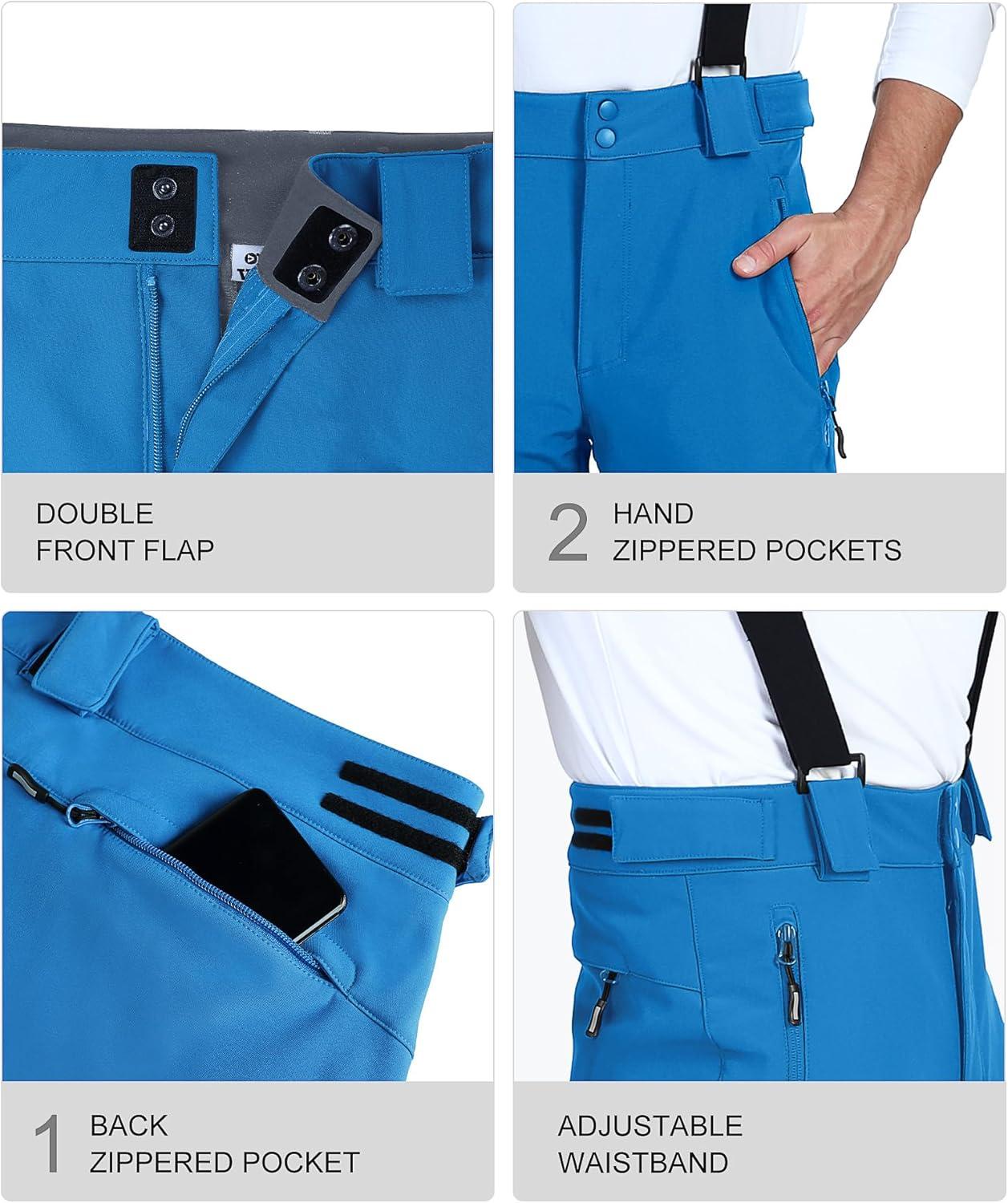 Outdoor Ventures Mens Snow Bibs Waterproof Insulated Overalls Ski Pants Warm Winter Snowboarding Detachable(Lake Blue)