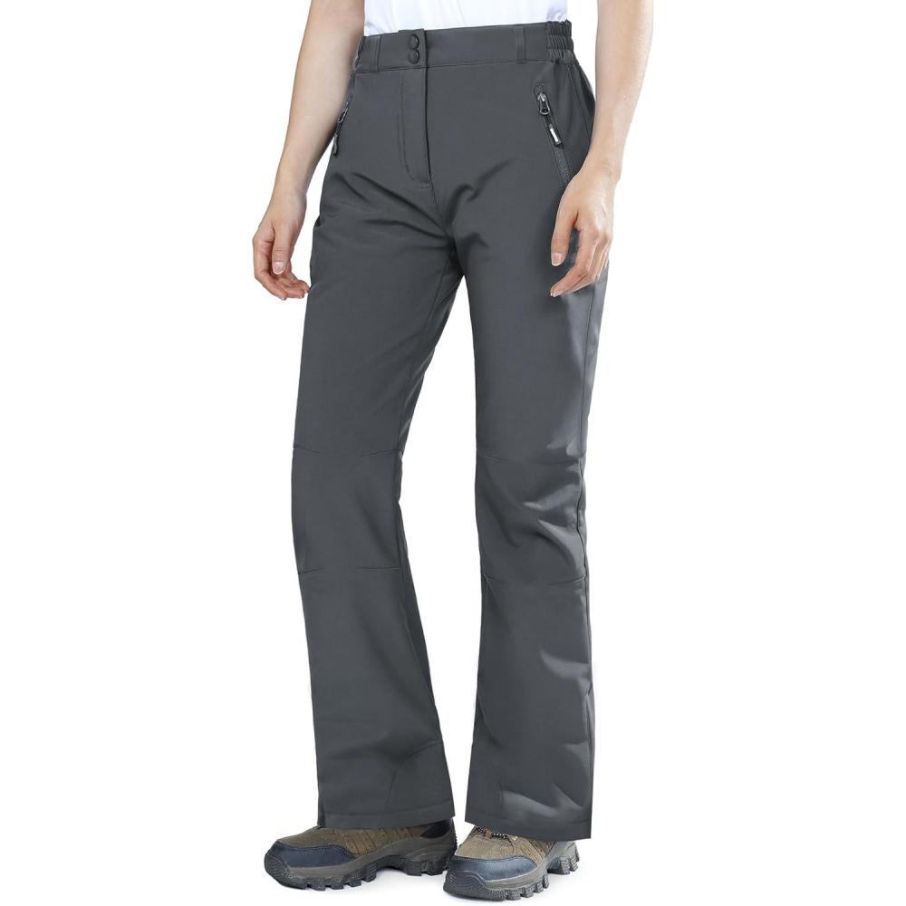 Outdoor Ventures Fleece Lined Waterproof Pants Women Ski Snow Insulated Softshell Snowboard Hiking with Boot Cut(New Dark Grey – Elastic Waistband)