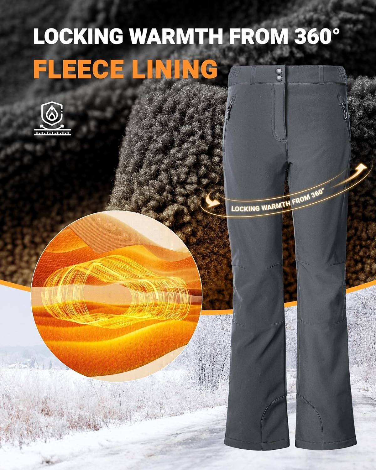 Outdoor Ventures Fleece Lined Waterproof Pants Women Ski Snow Insulated Softshell Snowboard Hiking with Boot Cut(New Dark Grey – Elastic Waistband)
