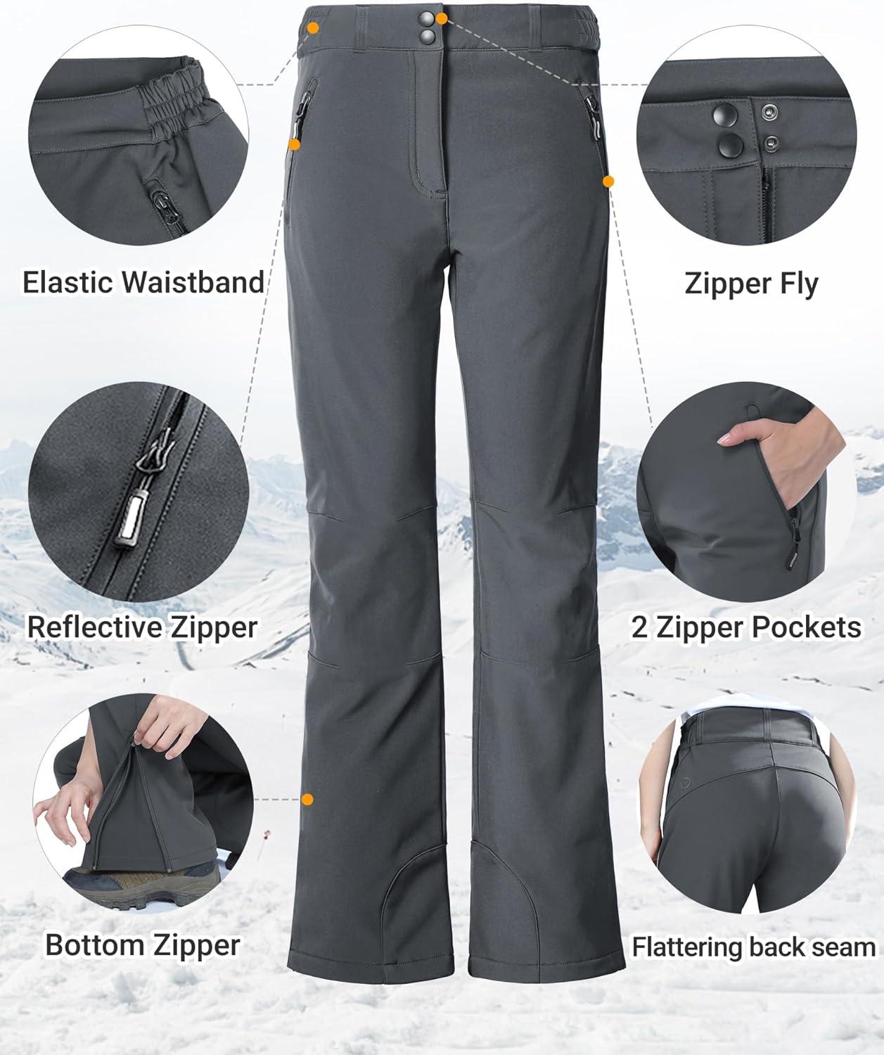 Outdoor Ventures Fleece Lined Waterproof Pants Women Ski Snow Insulated Softshell Snowboard Hiking with Boot Cut(New Dark Grey – Elastic Waistband)