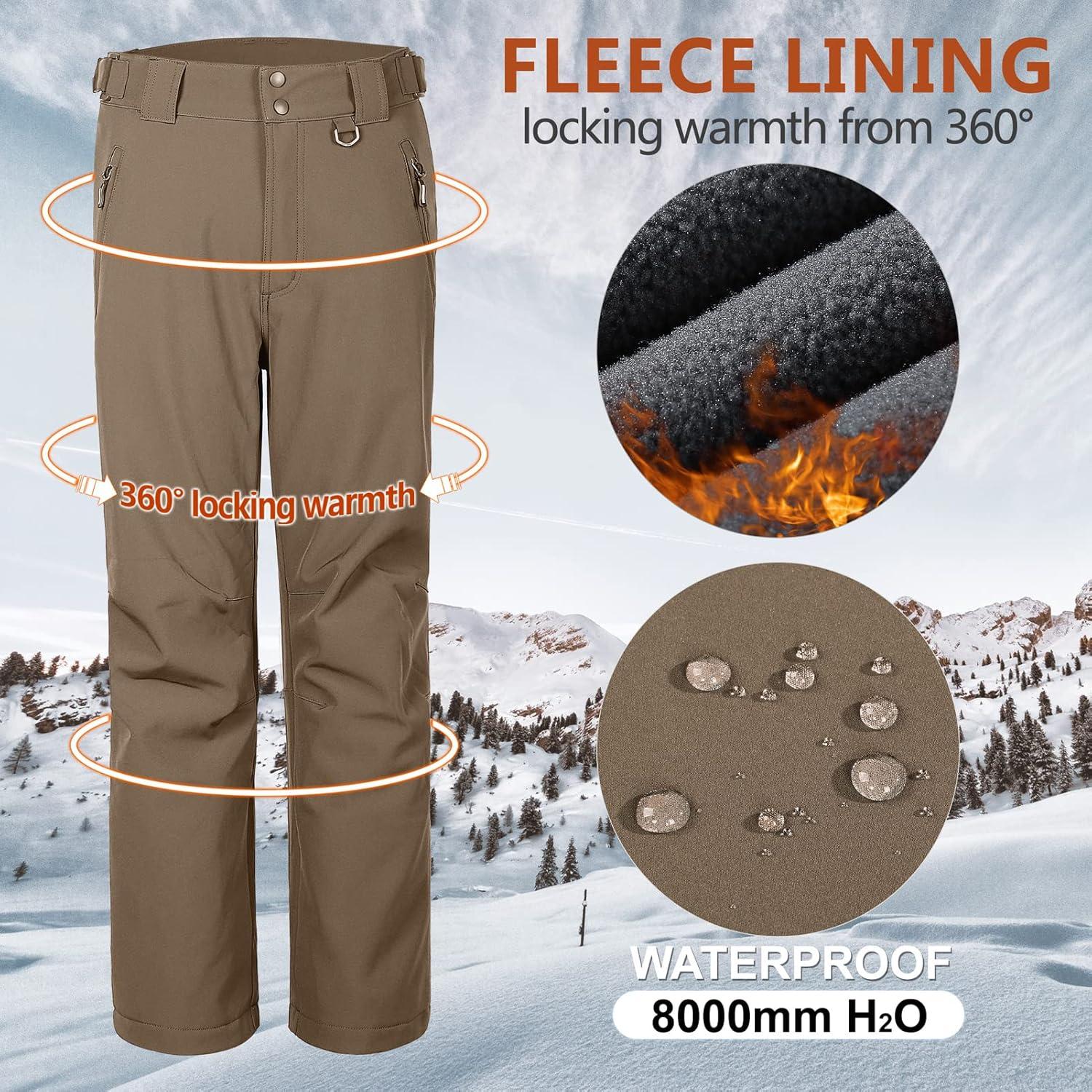 Outdoor Ventures Men’s Lite Waterproof Windproof Fleece Lined Warm Hiking Ski Snow Pants Expandable-Waist(Light Brown- High Waist)