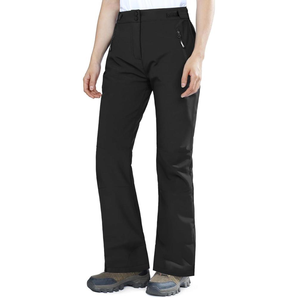 Outdoor Ventures Fleece Lined Waterproof Pants Women Ski Snow Insulated Softshell Snowboard Hiking with Boot Cut(New Black – Velcro Waistband)