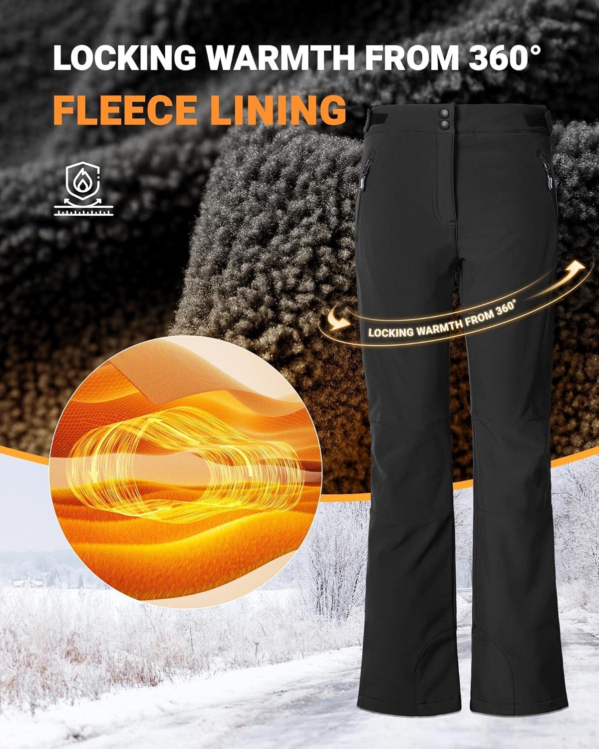 Outdoor Ventures Fleece Lined Waterproof Pants Women Ski Snow Insulated Softshell Snowboard Hiking with Boot Cut(New Black – Velcro Waistband)