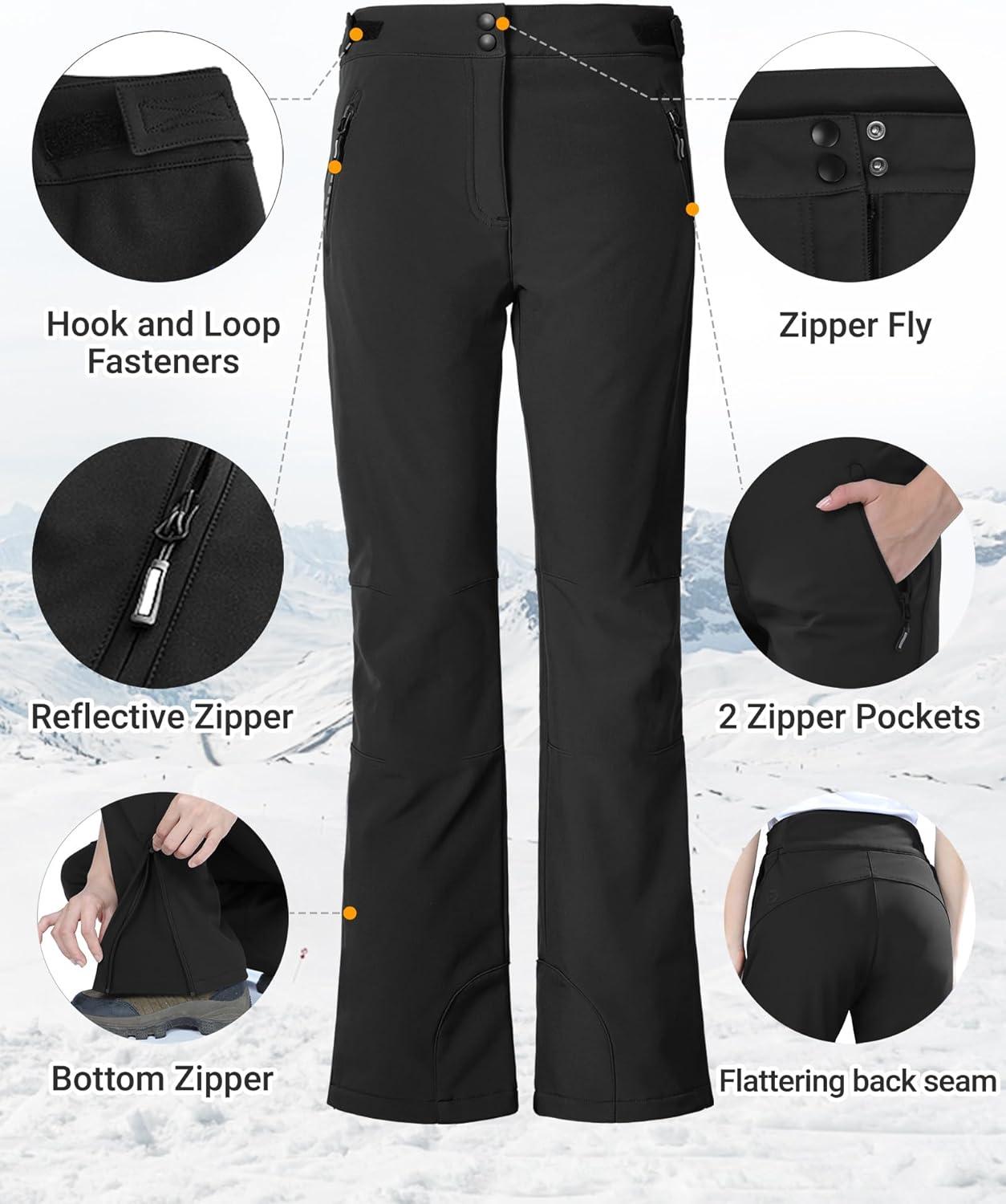 Outdoor Ventures Fleece Lined Waterproof Pants Women Ski Snow Insulated Softshell Snowboard Hiking with Boot Cut(New Black – Velcro Waistband)