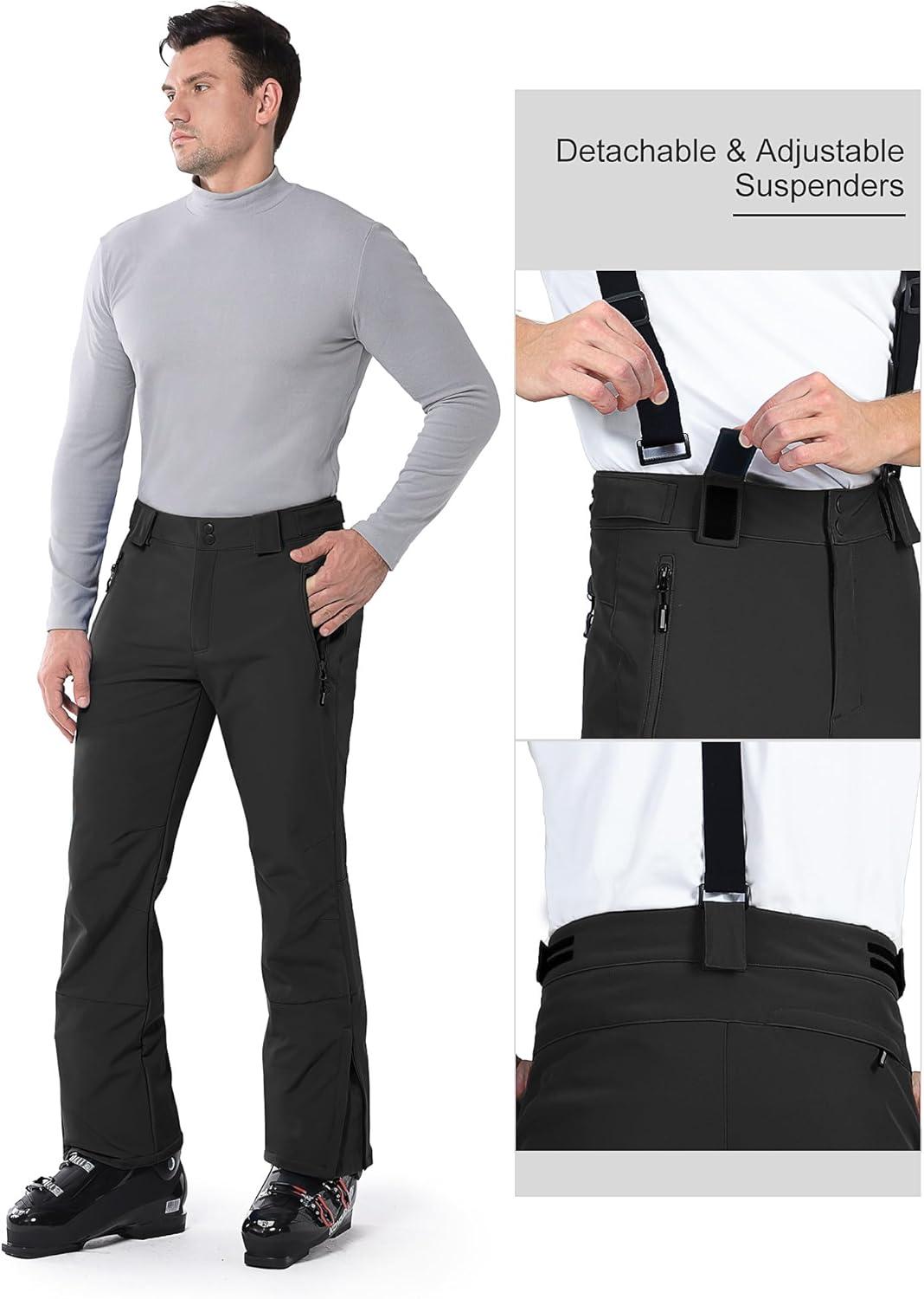 Outdoor Ventures Mens Snow Bibs Waterproof Insulated Overalls Ski Pants Warm Winter Snowboarding Detachable(Black-1)