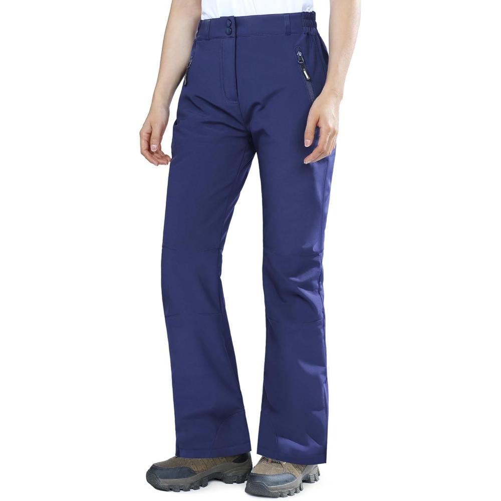 Outdoor Ventures Fleece Lined Waterproof Pants Women Ski Snow Insulated Softshell Snowboard Hiking with Boot Cut(New Dark Blue – Elastic Waistband)