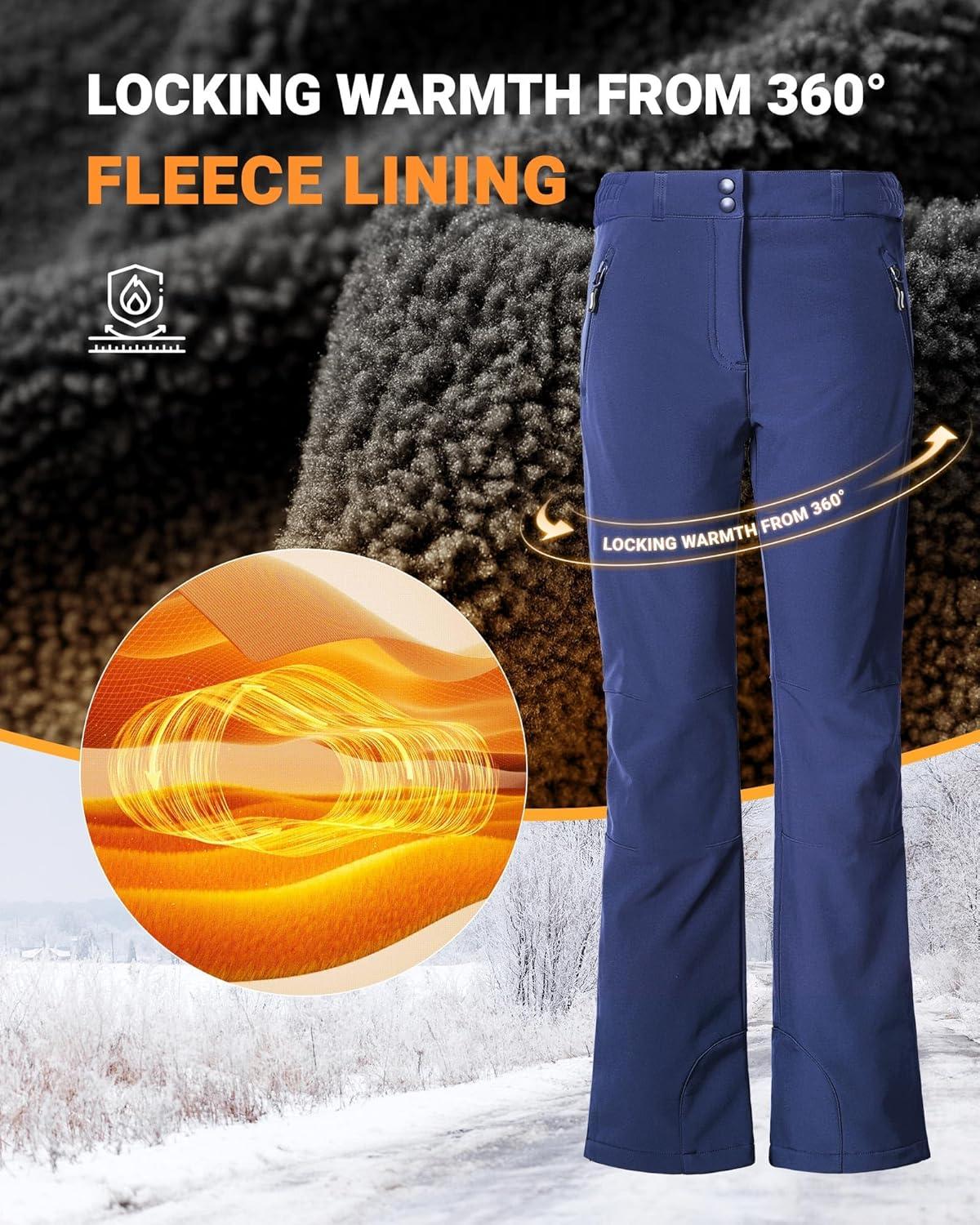 Outdoor Ventures Fleece Lined Waterproof Pants Women Ski Snow Insulated Softshell Snowboard Hiking with Boot Cut(New Dark Blue – Elastic Waistband)