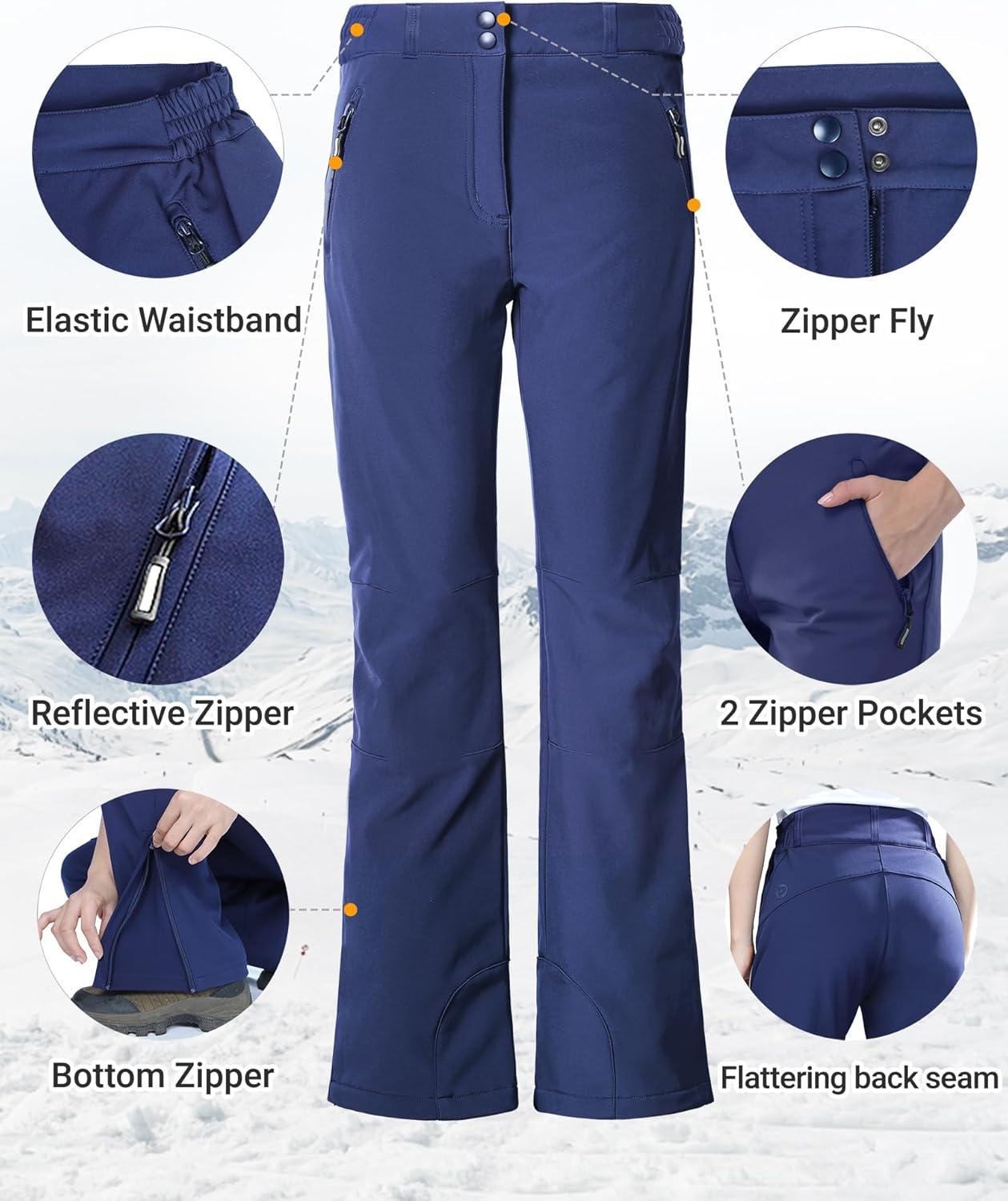 Outdoor Ventures Fleece Lined Waterproof Pants Women Ski Snow Insulated Softshell Snowboard Hiking with Boot Cut(New Dark Blue – Elastic Waistband)