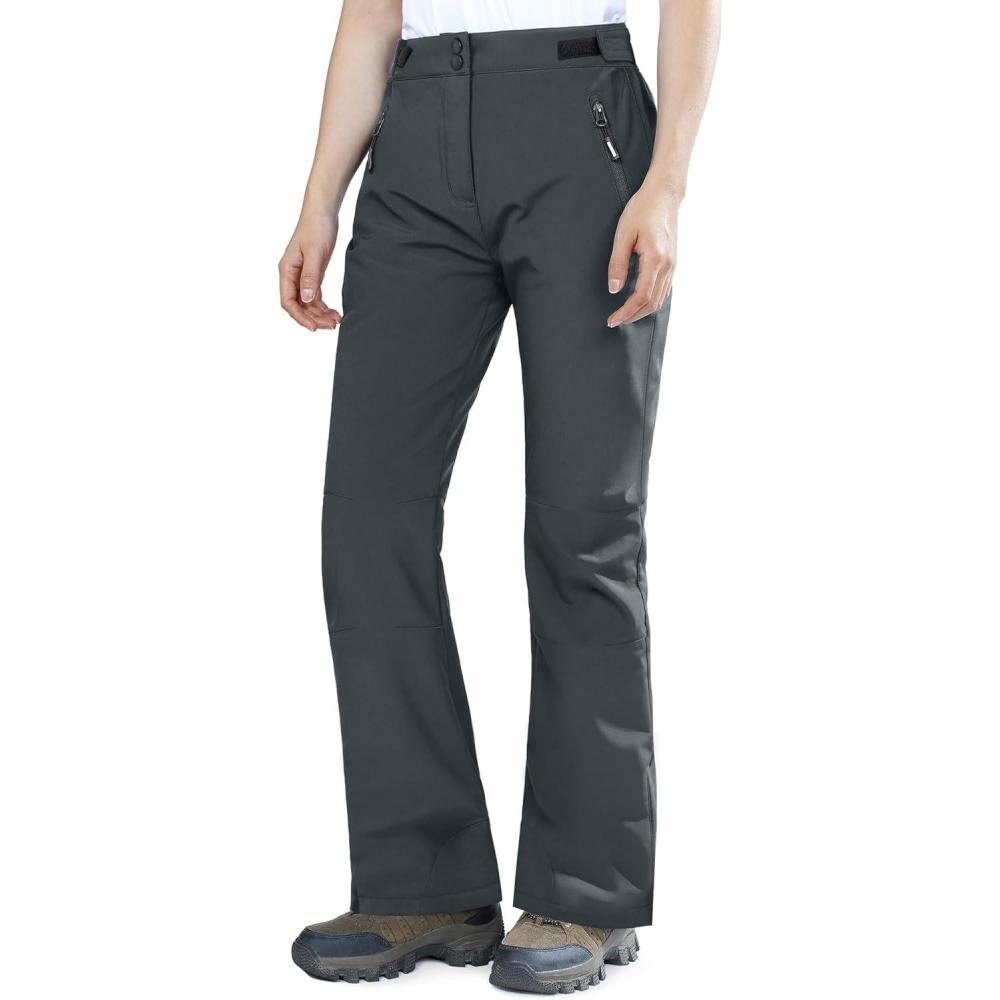Outdoor Ventures Fleece Lined Waterproof Pants Women Ski Snow Insulated Softshell Snowboard Hiking with Boot Cut(New Dim Grey – Velcro Waistband)