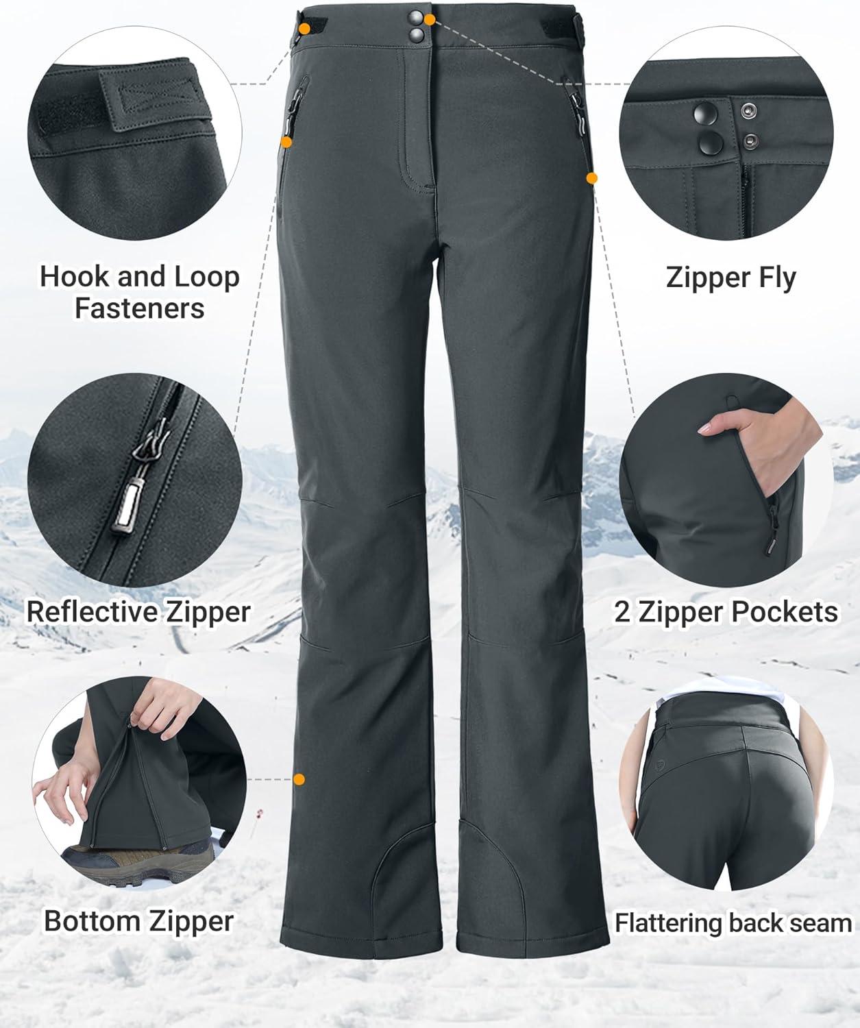 Outdoor Ventures Fleece Lined Waterproof Pants Women Ski Snow Insulated Softshell Snowboard Hiking with Boot Cut(New Dim Grey – Velcro Waistband)