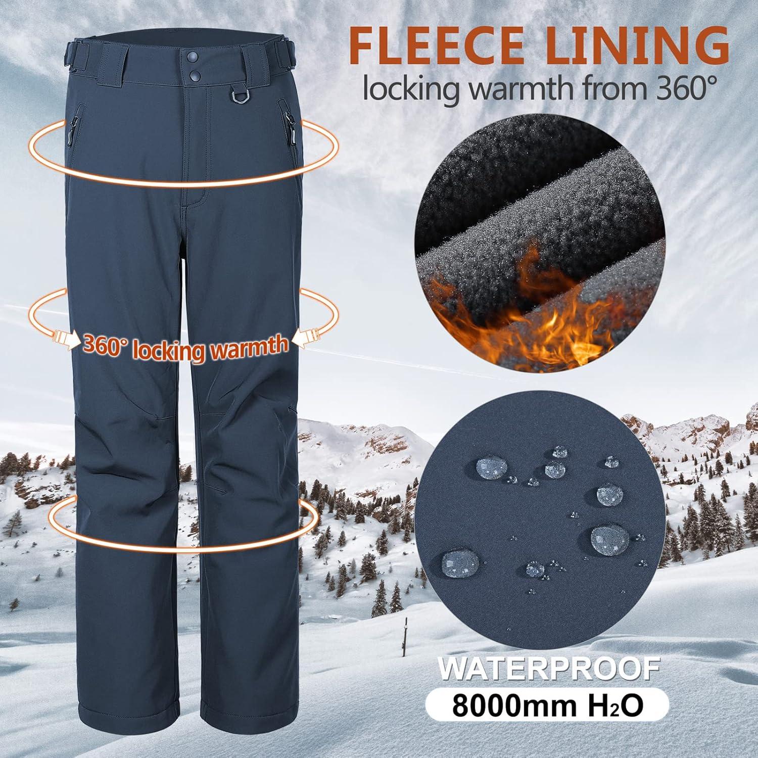 Outdoor Ventures Men’s Lite Waterproof Windproof Fleece Lined Warm Hiking Ski Snow Pants Expandable-Waist(Dark Denim- High Waist)