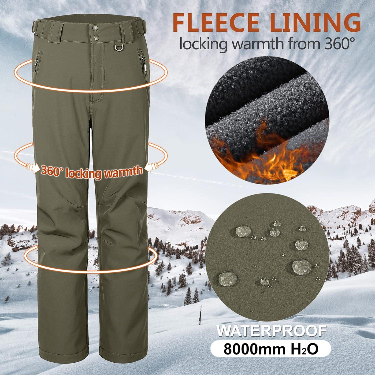 Outdoor Ventures Men’s Lite Waterproof Windproof Fleece Lined Warm Hiking Ski Snow Pants Expandable-Waist(Olive Green- New)