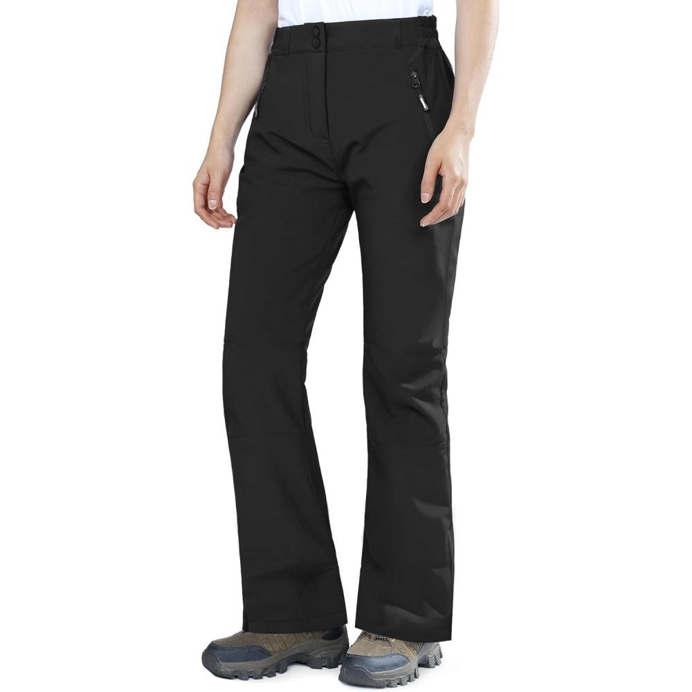 Outdoor Ventures Fleece Lined Waterproof Pants Women Ski Snow Insulated Softshell Snowboard Hiking with Boot Cut(New Black – Elastic Waistband)