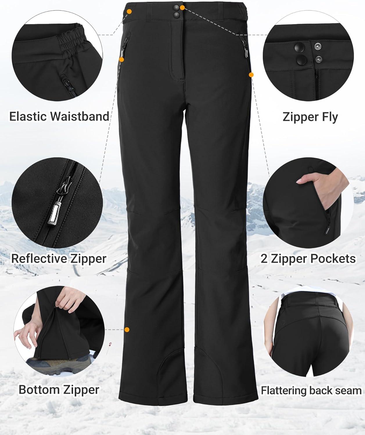 Outdoor Ventures Fleece Lined Waterproof Pants Women Ski Snow Insulated Softshell Snowboard Hiking with Boot Cut(New Black – Elastic Waistband)