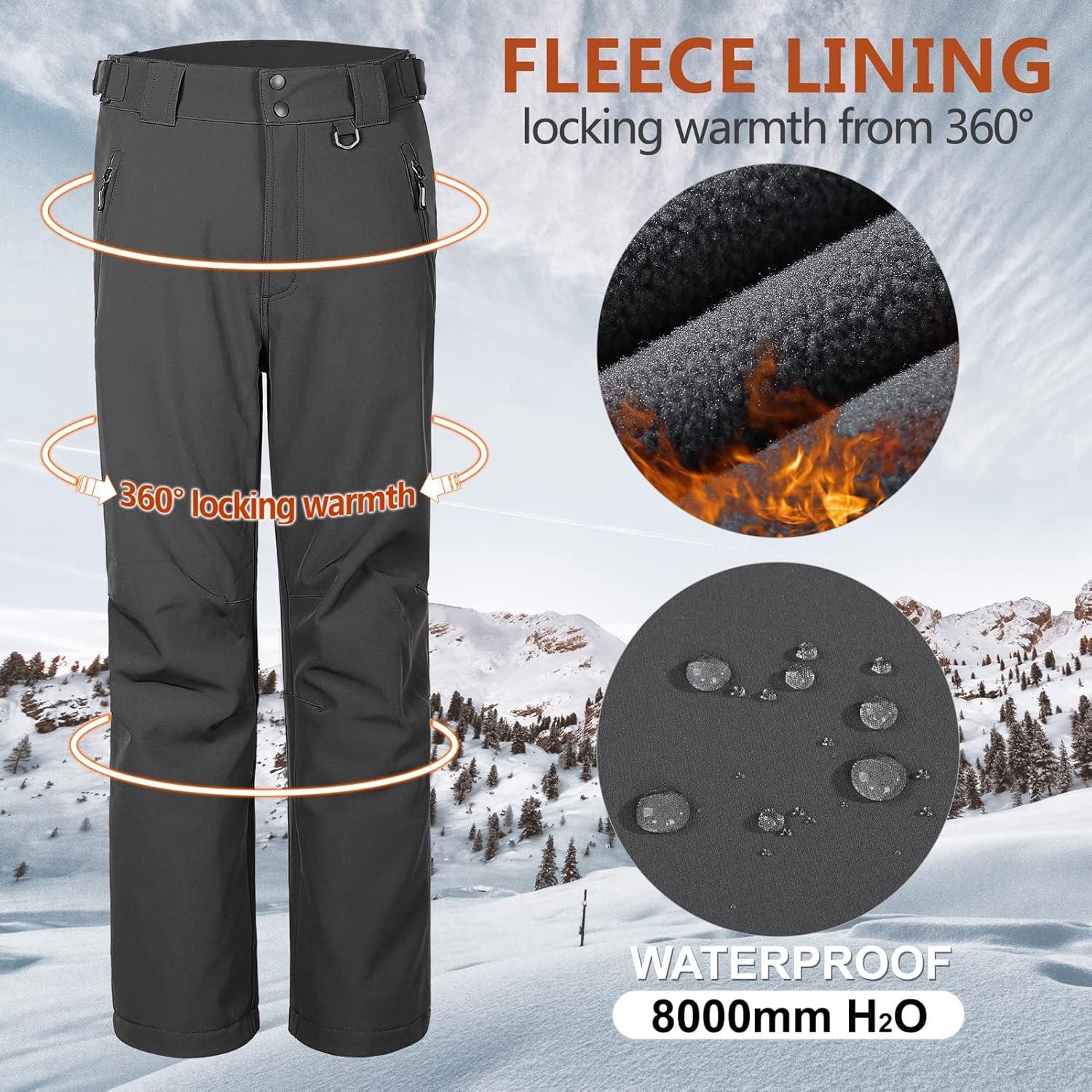 Outdoor Ventures Men’s Lite Waterproof Windproof Fleece Lined Warm Hiking Ski Snow Pants Expandable-Waist(Grey- New)