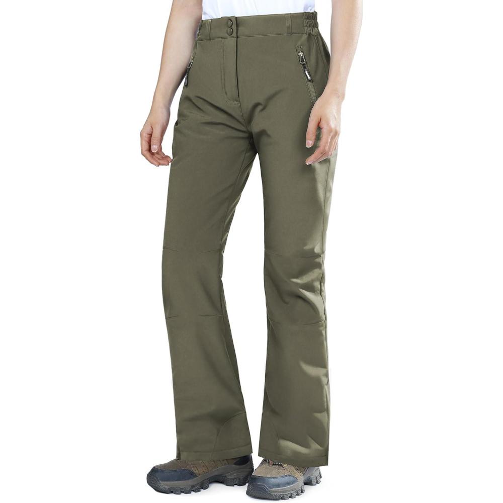 Outdoor Ventures Fleece Lined Waterproof Pants Women Ski Snow Insulated Softshell Snowboard Hiking with Boot Cut(New Olive Green – Elastic Waistband)