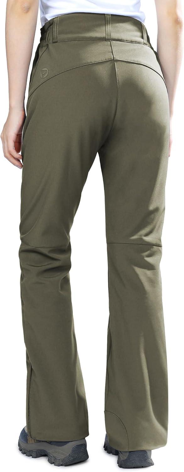 Outdoor Ventures Fleece Lined Waterproof Pants Women Ski Snow Insulated Softshell Snowboard Hiking with Boot Cut(New Olive Green – Elastic Waistband)