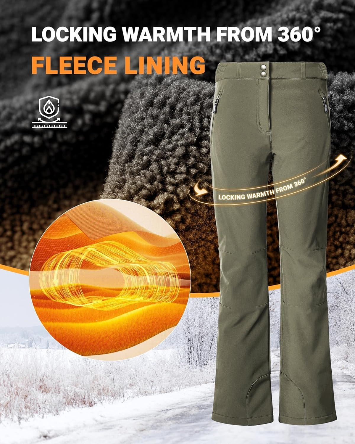 Outdoor Ventures Fleece Lined Waterproof Pants Women Ski Snow Insulated Softshell Snowboard Hiking with Boot Cut(New Olive Green – Elastic Waistband)