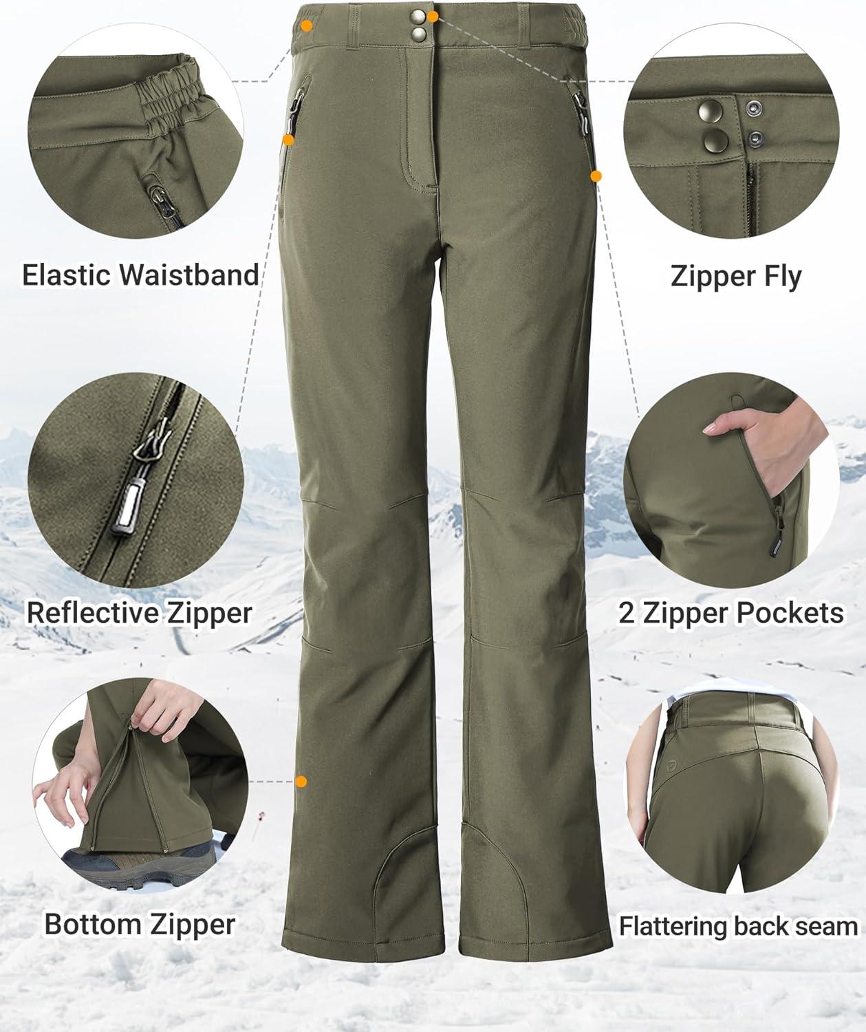 Outdoor Ventures Fleece Lined Waterproof Pants Women Ski Snow Insulated Softshell Snowboard Hiking with Boot Cut(New Olive Green – Elastic Waistband)