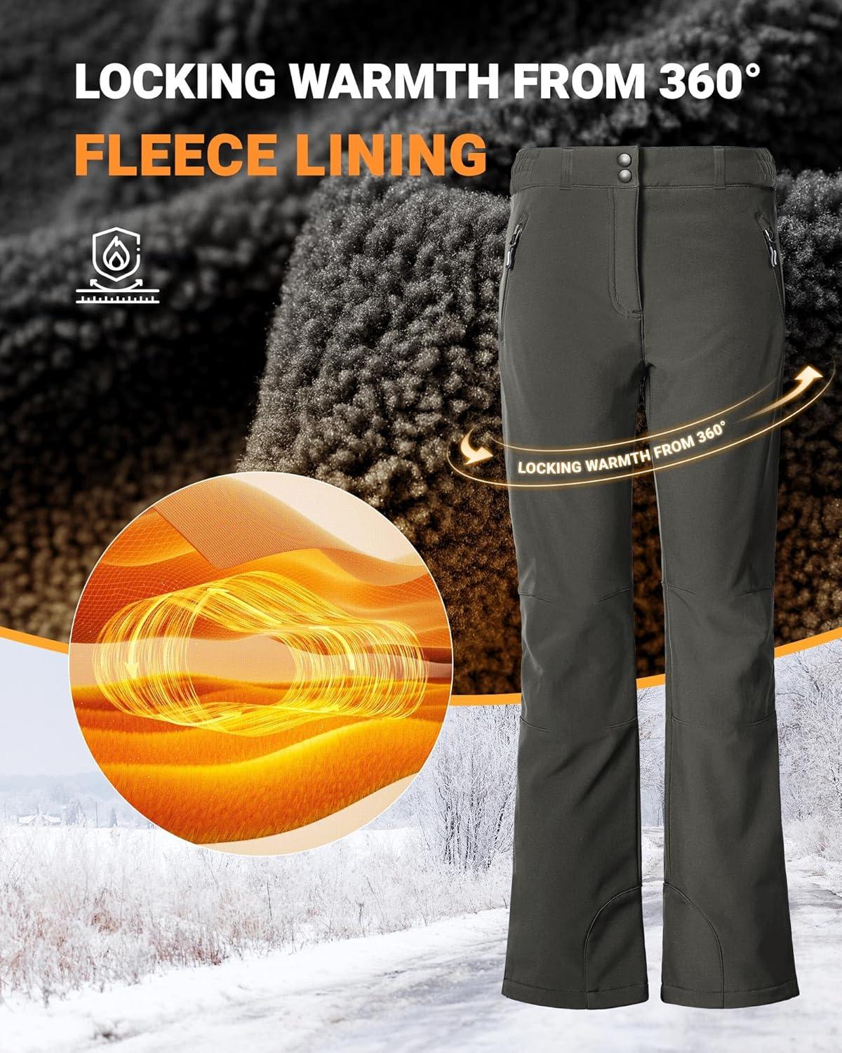 Outdoor Ventures Fleece Lined Waterproof Pants Women Ski Snow Insulated Softshell Snowboard Hiking with Boot Cut(New Grey – Elastic Waistband)