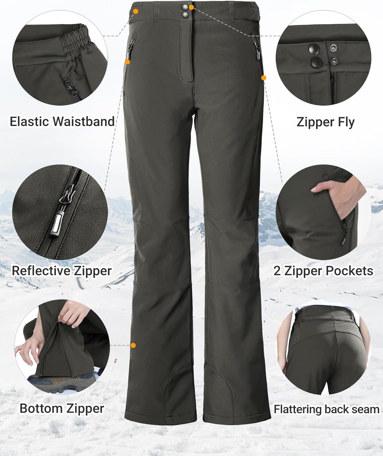 Outdoor Ventures Fleece Lined Waterproof Pants Women Ski Snow Insulated Softshell Snowboard Hiking with Boot Cut(New Grey – Elastic Waistband)
