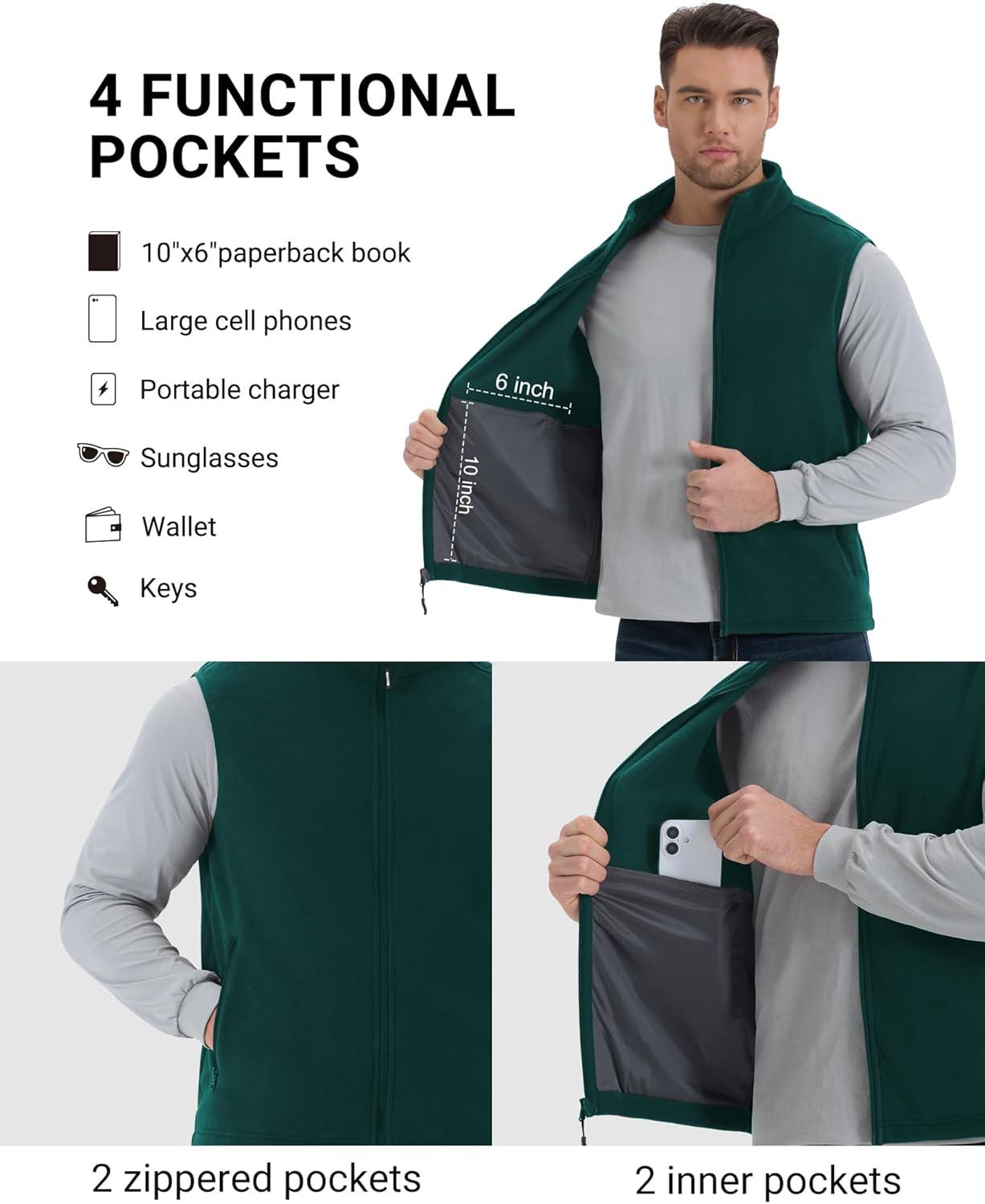 Outdoor Ventures Men’s Full-Zip Polar Fleece Vest Outerwear Lightweight Warm Casual Sleeveless Jacket for Fall & Winter(Dark Green)
