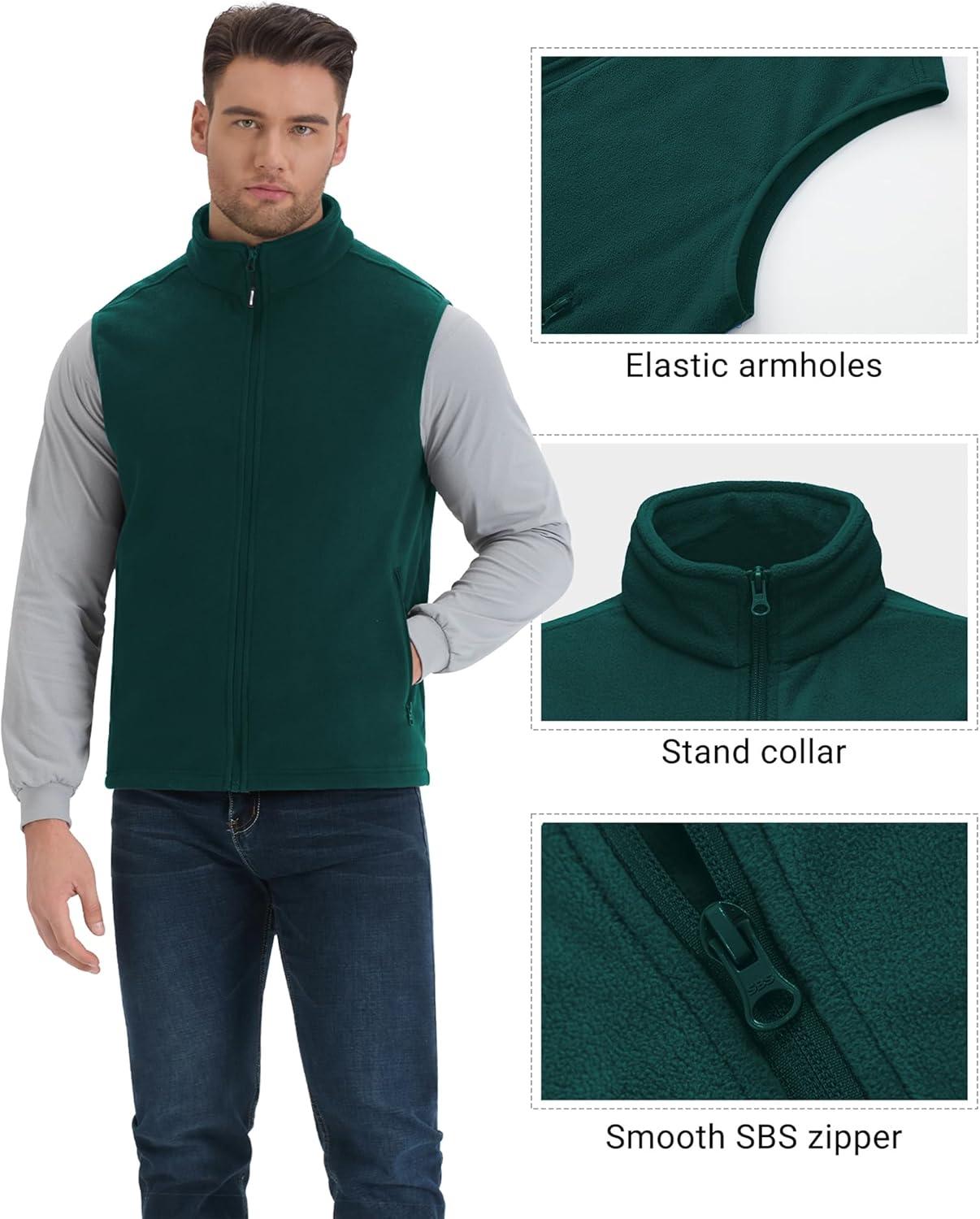 Outdoor Ventures Men’s Full-Zip Polar Fleece Vest Outerwear Lightweight Warm Casual Sleeveless Jacket for Fall & Winter(Dark Green)