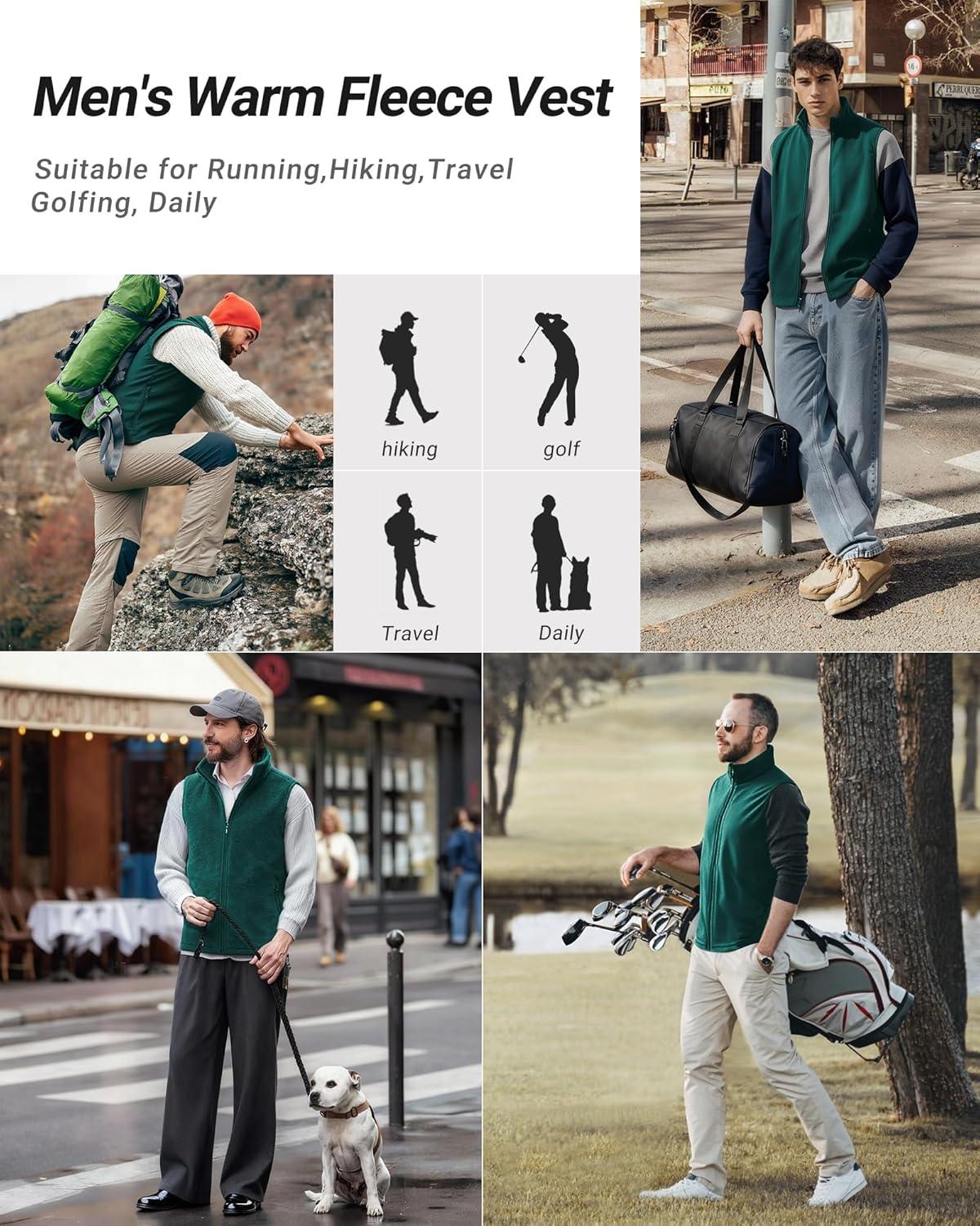 Outdoor Ventures Men’s Full-Zip Polar Fleece Vest Outerwear Lightweight Warm Casual Sleeveless Jacket for Fall & Winter(Dark Green)
