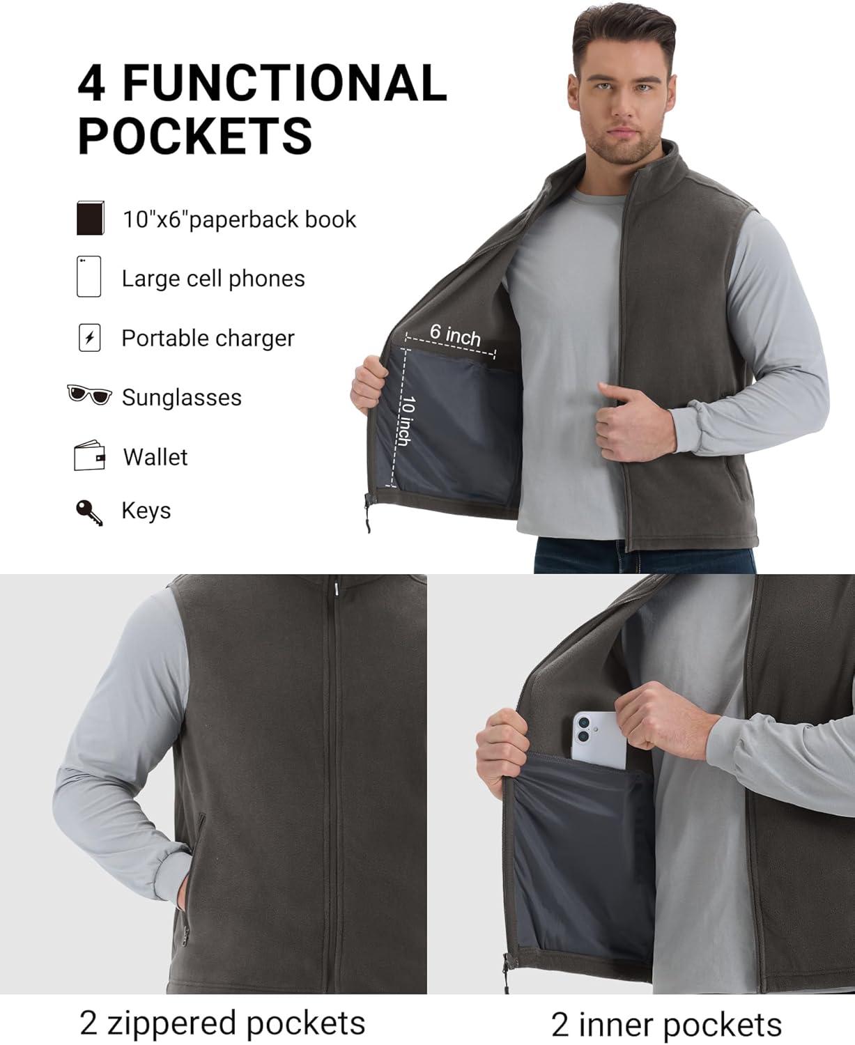 Outdoor Ventures Men’s Full-Zip Polar Fleece Vest Outerwear Lightweight Warm Casual Sleeveless Jacket for Fall & Winter(Dark Grey)