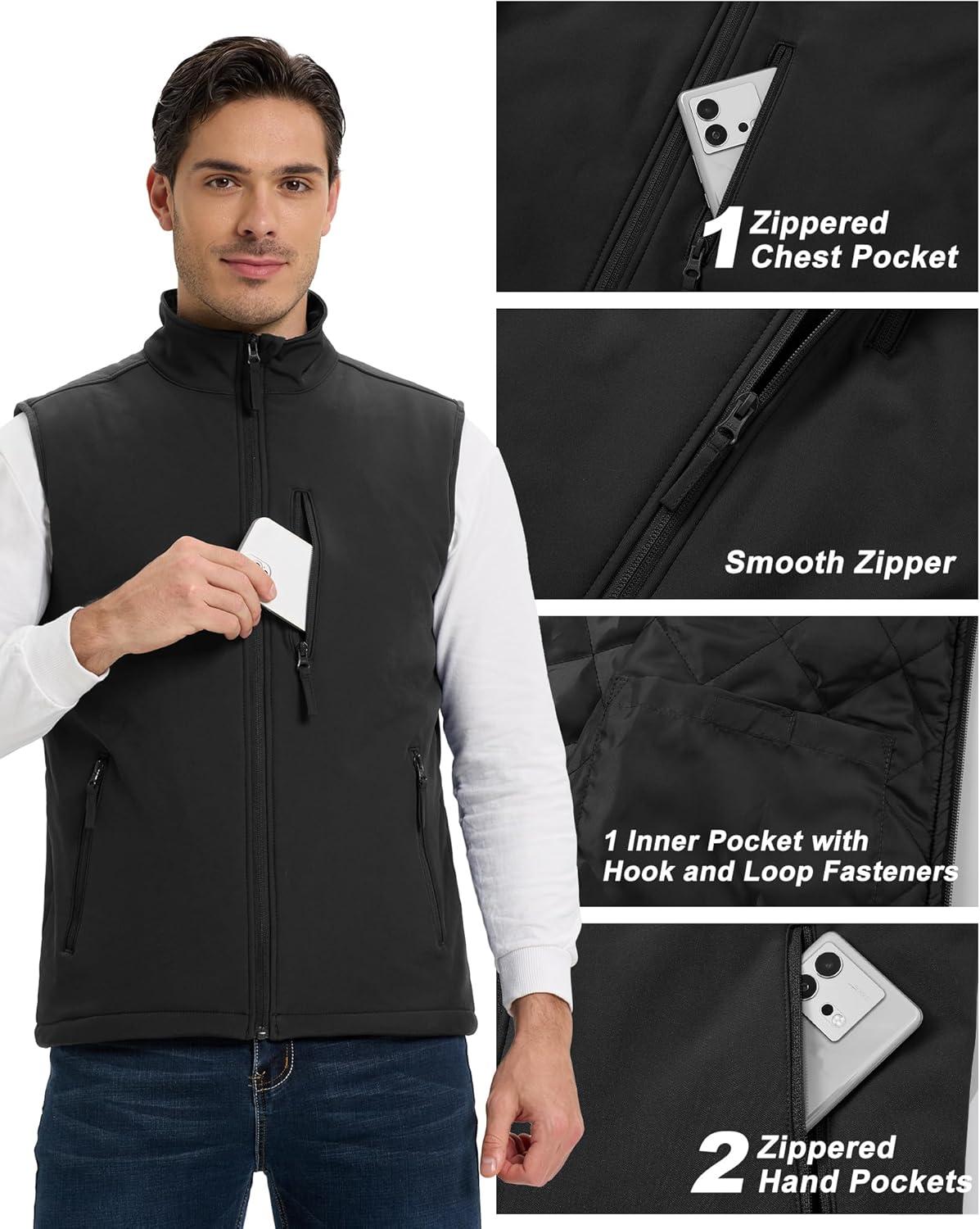 Outdoor Ventures Men’s Casual Outerwear Vest Lightweight Winter Zip Up Sleeveless Jacket for Hiking Travel Golf Running(Black)
