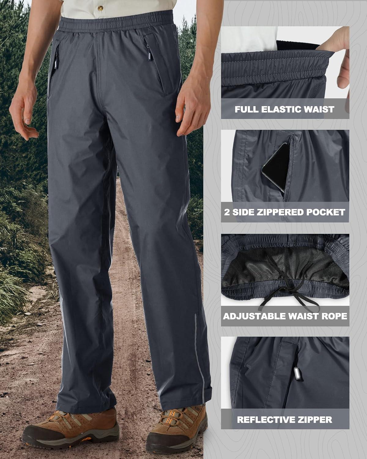 Outdoor Ventures Men’s Rain Pants Waterproof Rain Overall Pants Windproof Packable Rain Outdoor Pants for Hiking Fishig Golf(Grey)