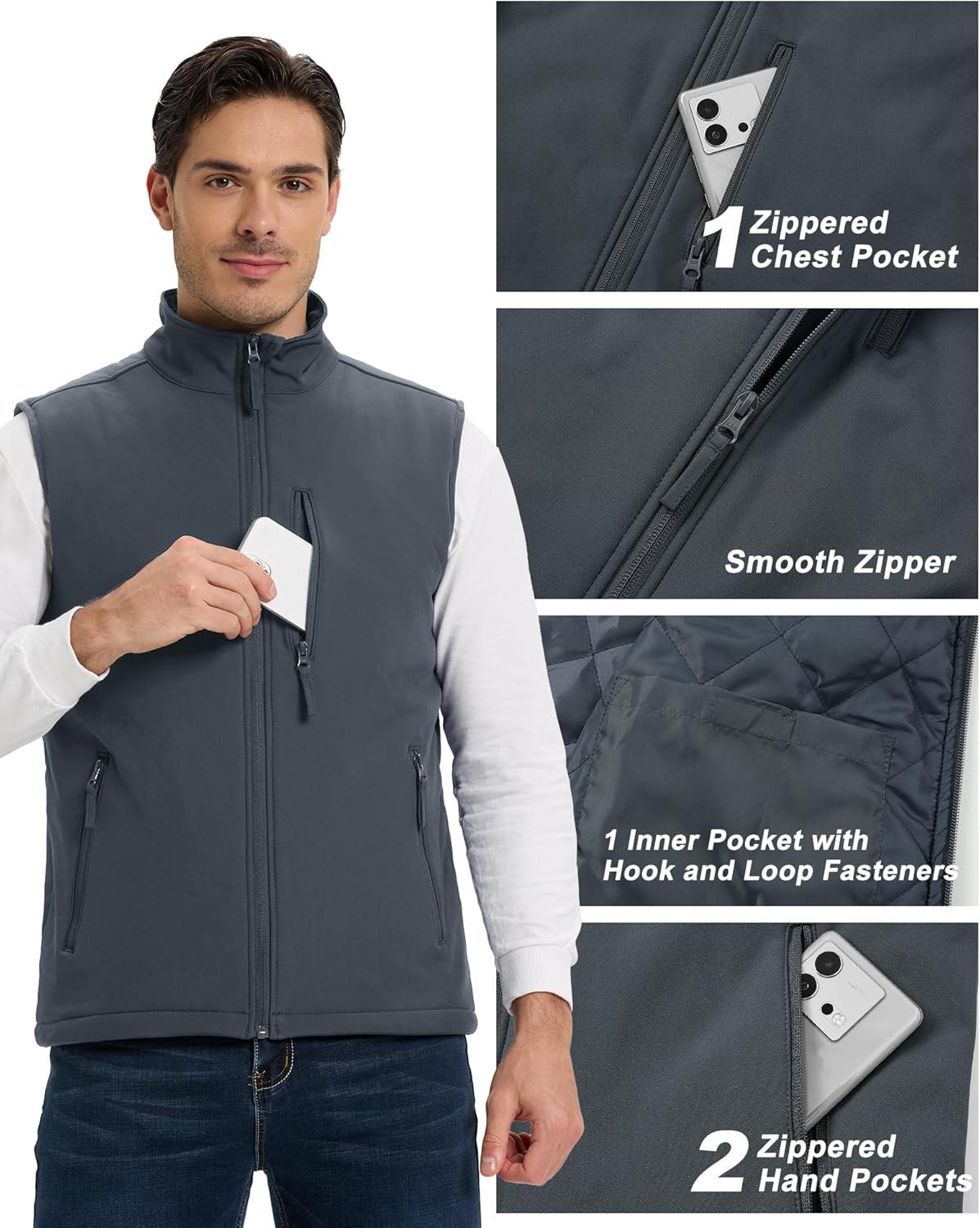 Outdoor Ventures Men’s Casual Outerwear Vest Lightweight Winter Zip Up Sleeveless Jacket for Hiking Travel Golf Running(Dark Grey)