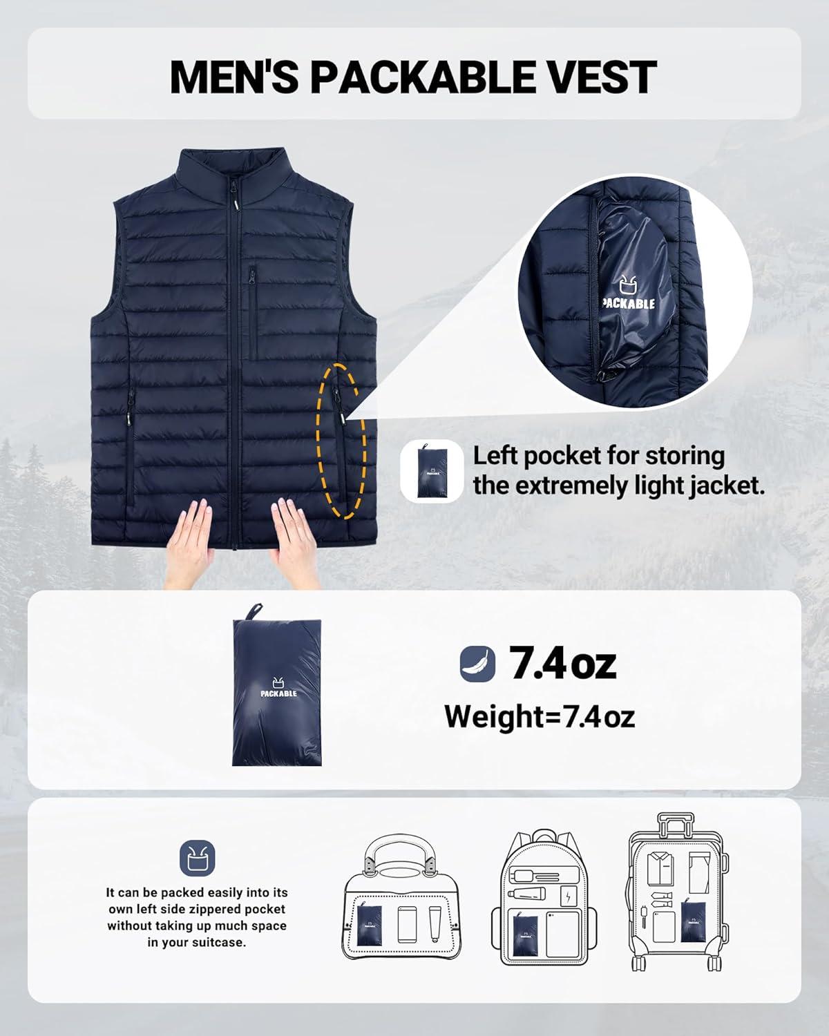 Outdoor Ventures Men’s Lightweight Puffer Vest Outerwear Warm Quilted Sleeveless Packable Winter Jacket for Hiking Running(Deep Blue)