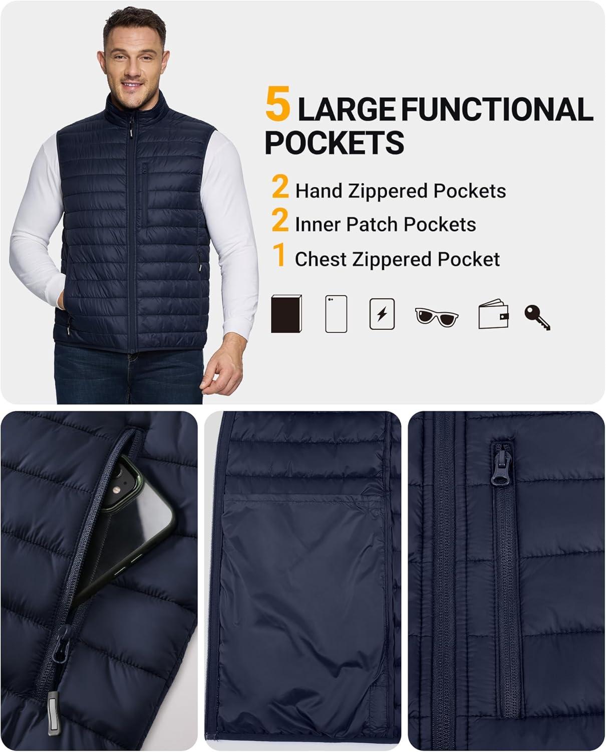 Outdoor Ventures Men’s Lightweight Puffer Vest Outerwear Warm Quilted Sleeveless Packable Winter Jacket for Hiking Running(Deep Blue)