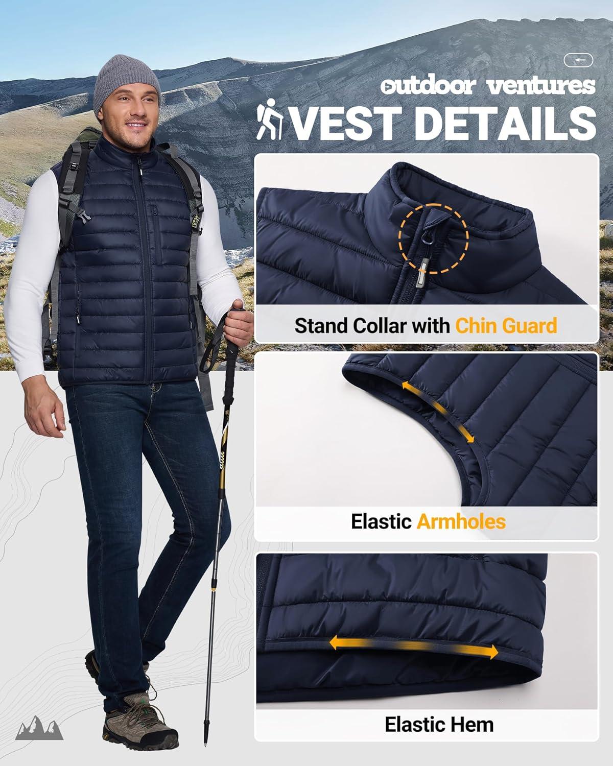 Outdoor Ventures Men’s Lightweight Puffer Vest Outerwear Warm Quilted Sleeveless Packable Winter Jacket for Hiking Running(Deep Blue)