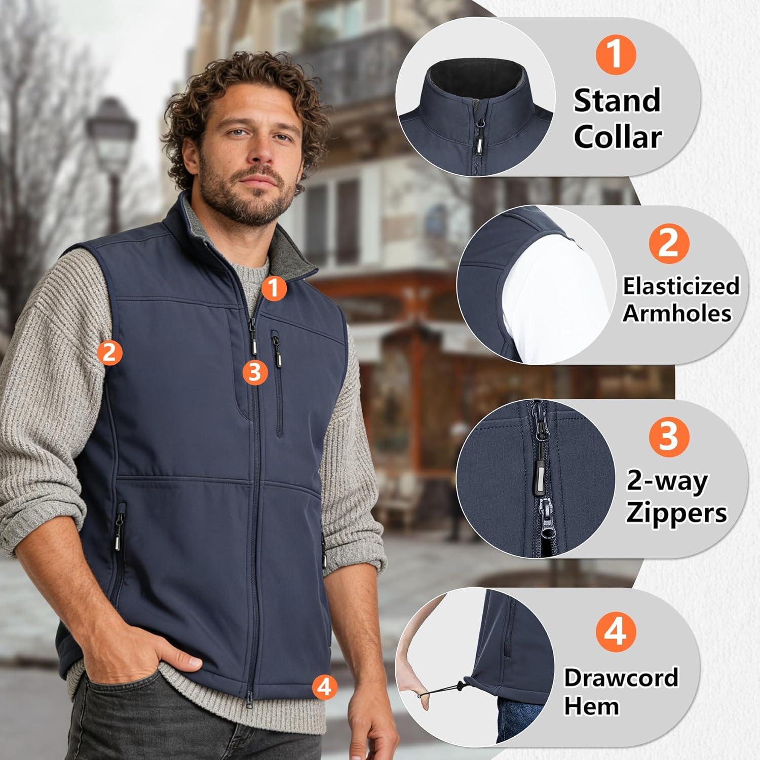 Outdoor Ventures Men’s Running Vest Outerwear, Lightweight Windproof Fleece-Lined Softshell Sleeveless Jacket for Golf(Grayish Blue-7 Pockets)