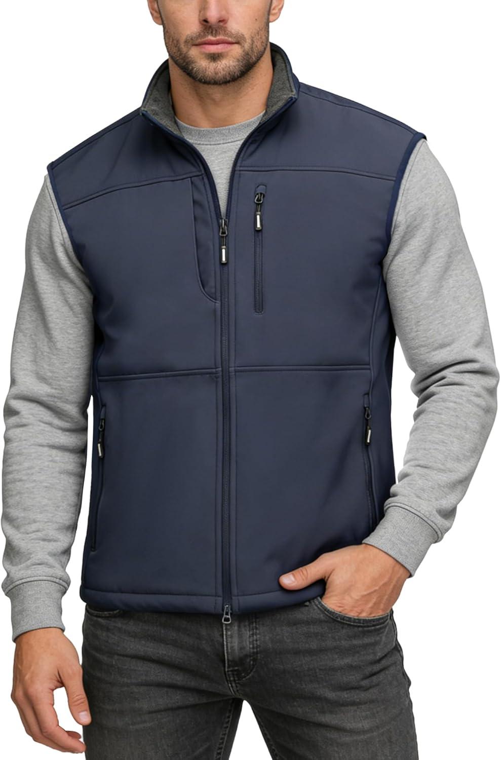 Outdoor Ventures Men’s Running Vest Outerwear, Lightweight Windproof Fleece-Lined Softshell Sleeveless Jacket for Golf(Grayish Blue-7 Pockets)