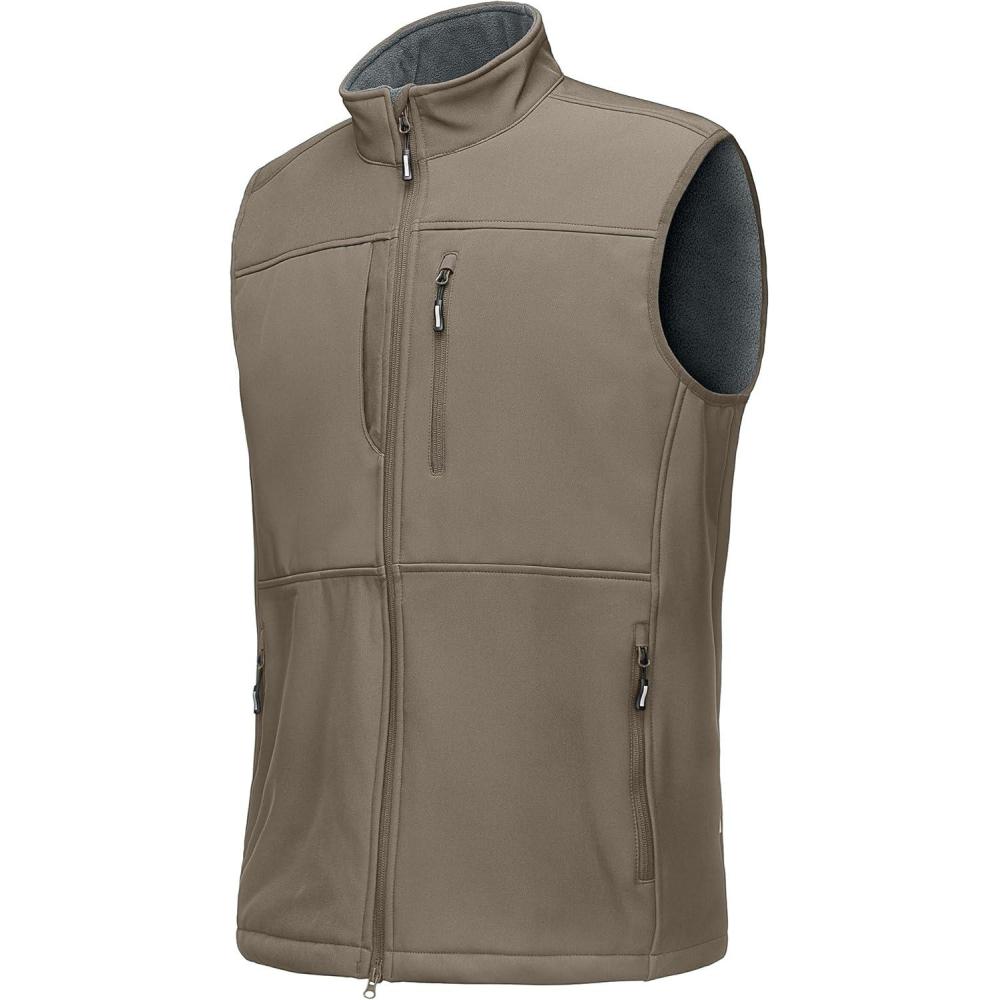 Outdoor Ventures Men’s Running Vest Outerwear, Lightweight Windproof Fleece-Lined Softshell Sleeveless Jacket for Golf(Light Brown-7 Pockets)