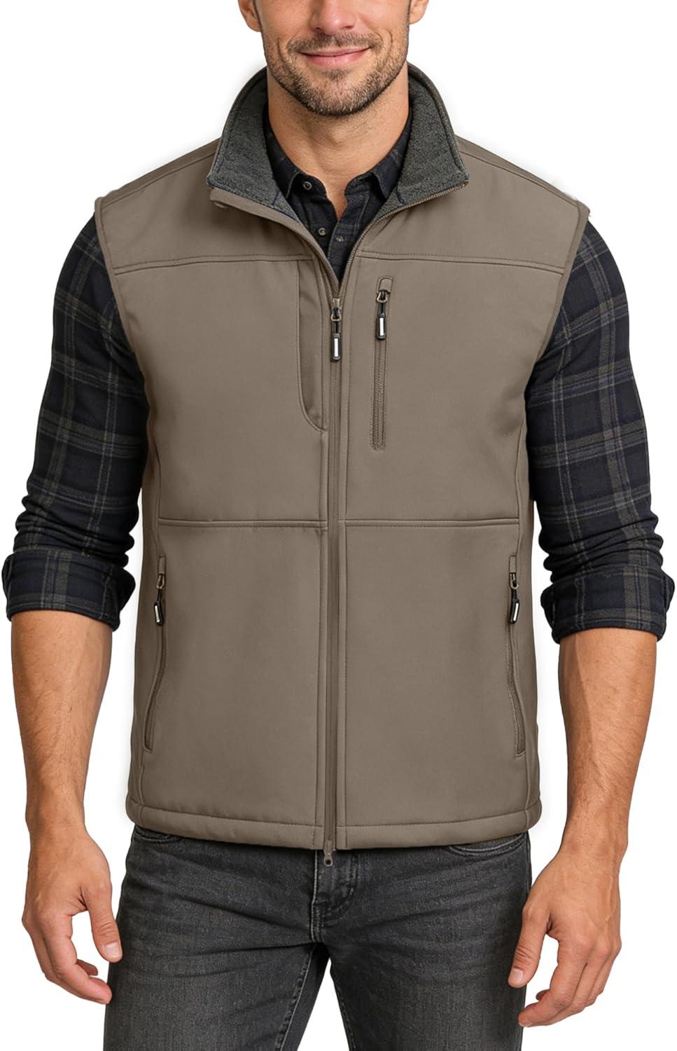 Outdoor Ventures Men’s Running Vest Outerwear, Lightweight Windproof Fleece-Lined Softshell Sleeveless Jacket for Golf(Light Brown-7 Pockets)