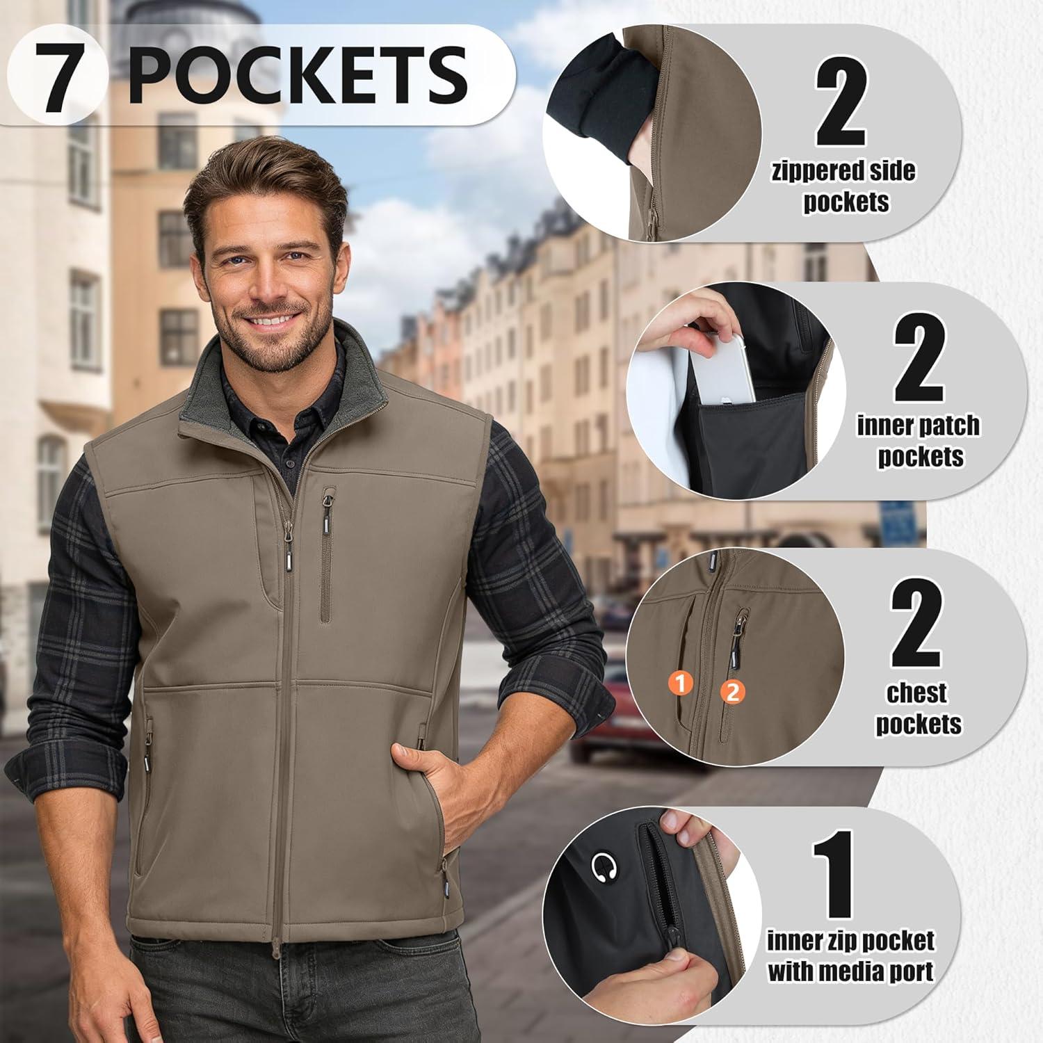 Outdoor Ventures Men’s Running Vest Outerwear, Lightweight Windproof Fleece-Lined Softshell Sleeveless Jacket for Golf(Light Brown-7 Pockets)
