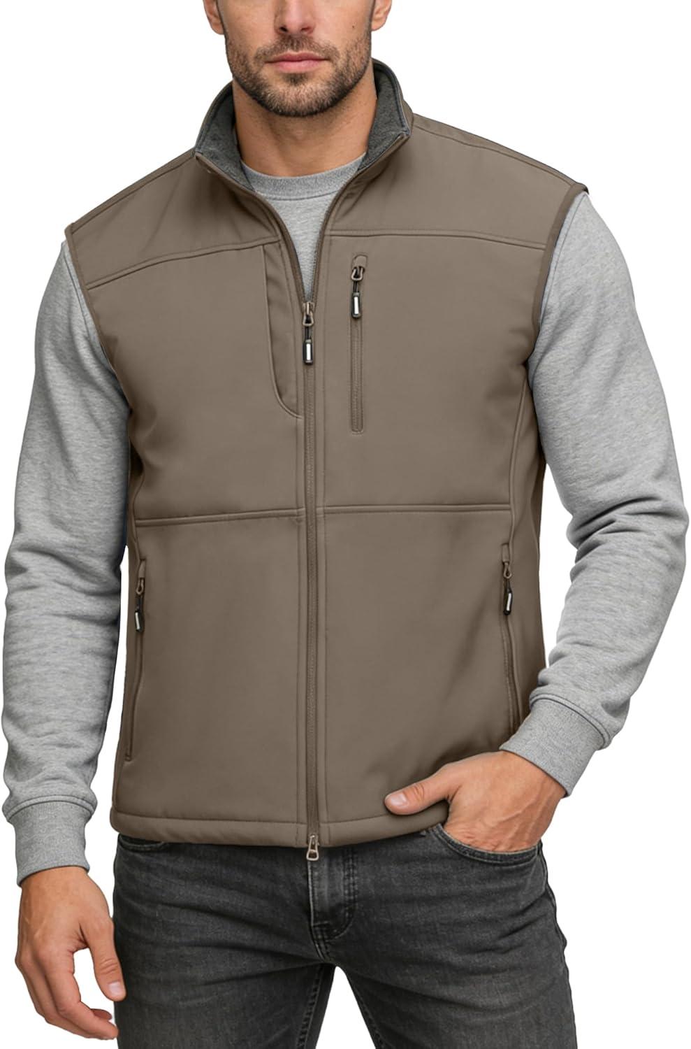 Outdoor Ventures Men’s Running Vest Outerwear, Lightweight Windproof Fleece-Lined Softshell Sleeveless Jacket for Golf(Light Brown-7 Pockets)