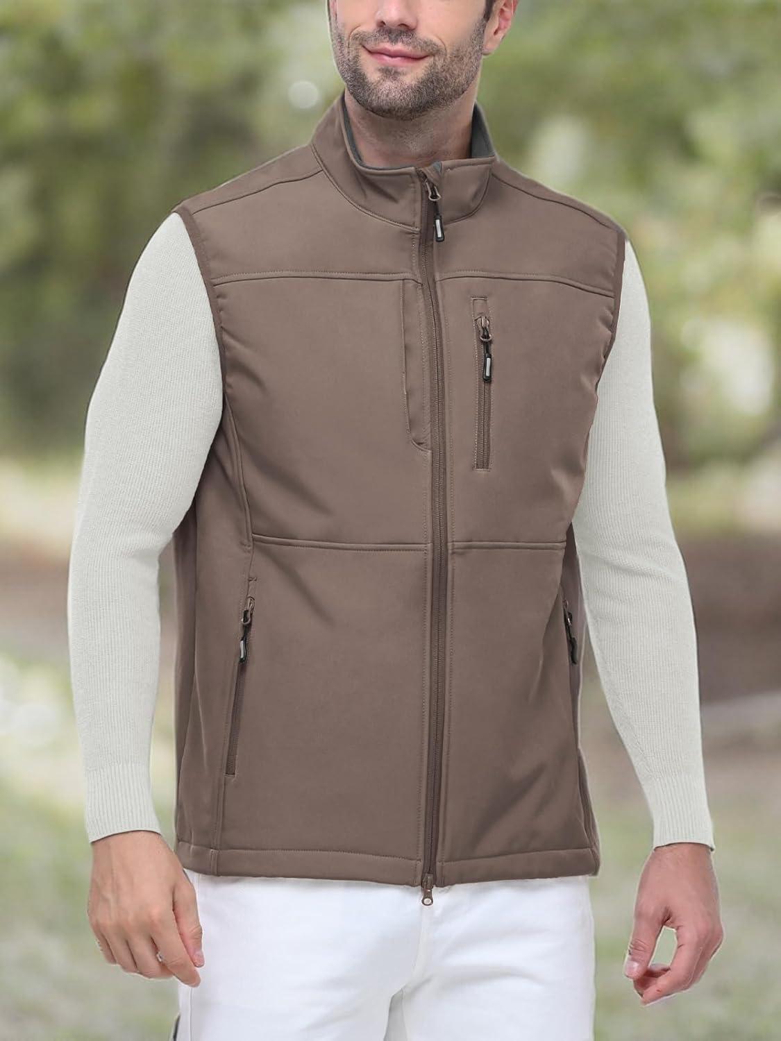 Outdoor Ventures Men’s Running Vest Outerwear, Lightweight Windproof Fleece-Lined Softshell Sleeveless Jacket for Golf(Light Brown-7 Pockets)
