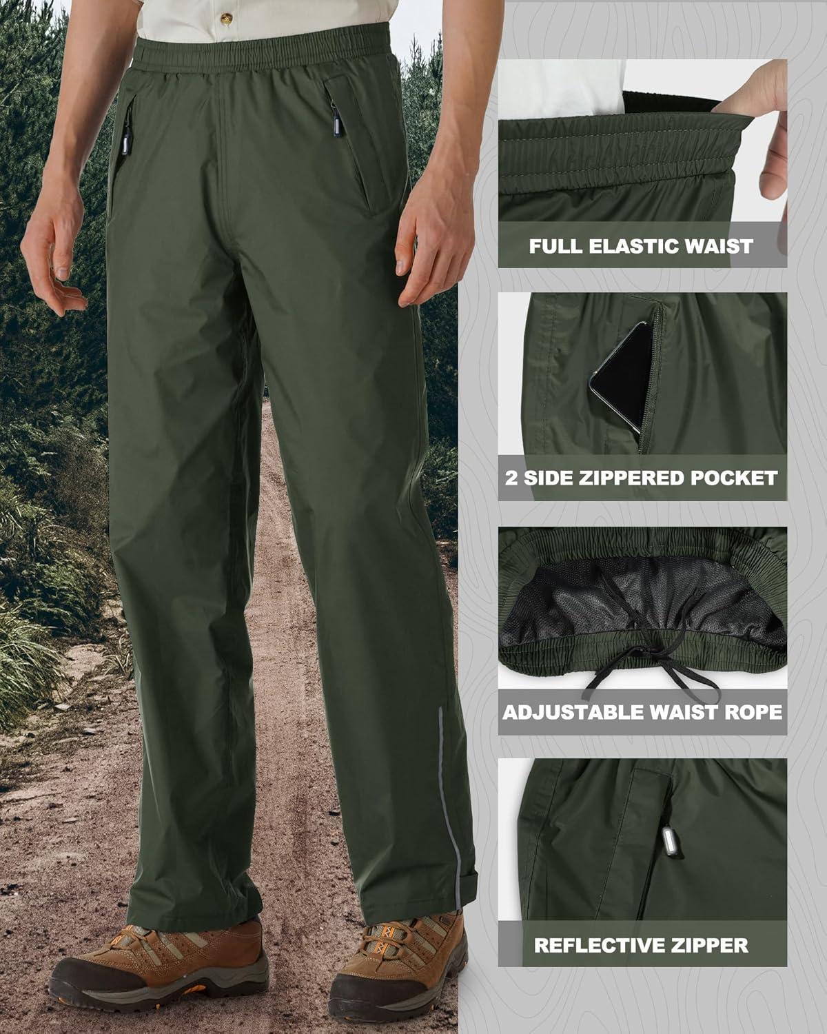Outdoor Ventures Men’s Rain Pants Waterproof Rain Overall Pants Windproof Packable Rain Outdoor Pants for Hiking Fishig Golf(Dark Green)