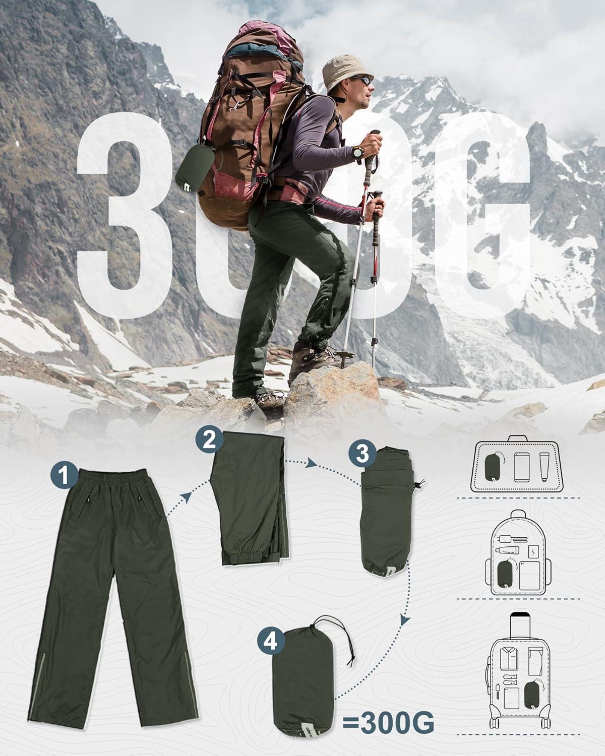 Outdoor Ventures Men’s Rain Pants Waterproof Rain Overall Pants Windproof Packable Rain Outdoor Pants for Hiking Fishig Golf(Dark Green)