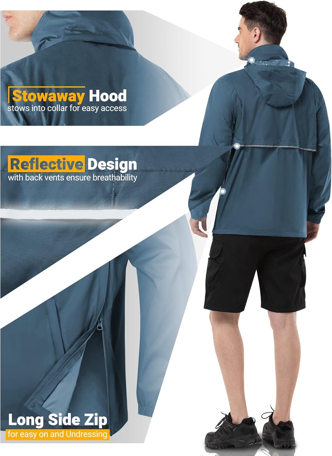 Outdoor Ventures Men’s Rain Jacket Waterproof Lightweight Packable Rain Pullover for Hiking Golf Running(Royal Blue)