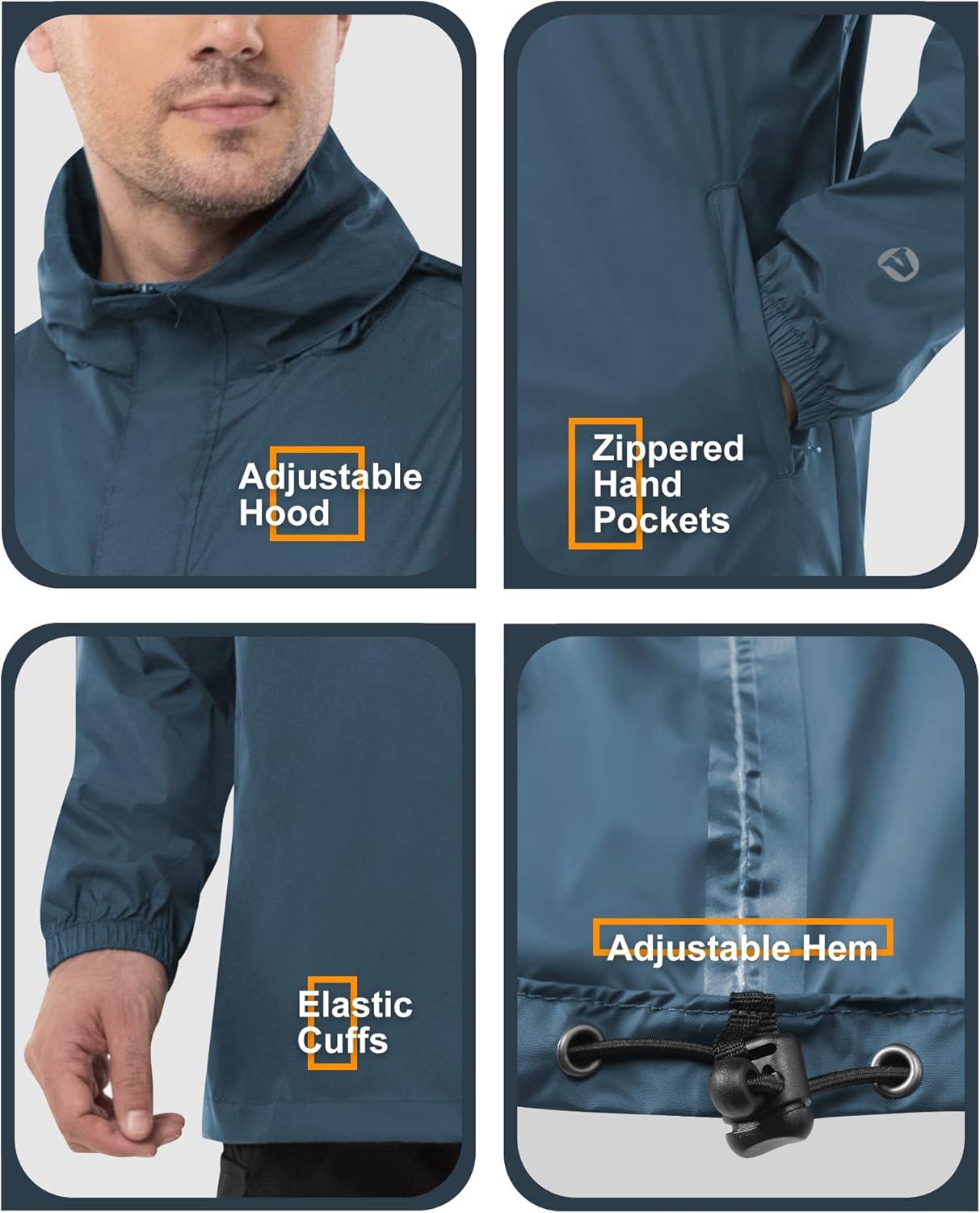 Outdoor Ventures Men’s Rain Jacket Waterproof Lightweight Packable Rain Pullover for Hiking Golf Running(Royal Blue)
